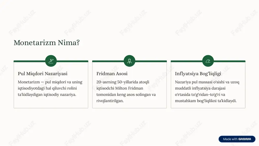 atiga mos kelishi kerak. barqarorlik va nazorat bu mexanizm iqtisodiyotni keskin tebranishlardan himoya qilish va inflyatsion bosimni oldini olishga qaratilgan. oldindan aytish imkoniyati markaziy banklar uchun sodda, shaffof va oldindan aytib bo8ladigan siyosat modelini ta'minlaydi, bu esa iqtisodiy subyektlarning ishonchini oshiradi. "inflyatsiya har doim pul hodisasi bo8lib qoladi, u juda tez o8sish natijasidir." https://gamma.app/?utm_source=made-with-gamma monetarizm va buyuk depressiya saboqlari fridman va anna shvarts "aqsh pul tarixi" asarida 1930-yillardagi buyuk depressiya sabablarini tahlil qilib, pul-kredit siyosatining halokatli rolini ko'rsatib berishdi. fridmanning ayblovi: u federal rezervni (aqsh markaziy banki) buyuk depressiya davrida pul miqdorini keskin qisqartirishda ayblaydi. noto8g8ri siyosat oqibati: pul taklifining qisqarishi banklarning ommaviy bankrotligiga va iqtisodiy faoliyatning keskin tushib ketishiga sabab bo8lgan. monetarizm taklifi: monetarizm siyosatchilarni bu kabi halokatli xatolardan saboq olishga va pul massasini barqaror boshqarishga chaqiradi. https://gamma.app/?utm_source=made-with-gamma monetarizmning amaliy qollanilishi 11970-yillar: mashhurlik aqshda yuqori inflyatsiya (stagflyatsiya) va sekin iqtisodiy o8sish davrida monetarizm an'anaviy keynschilik nazariyasiga muqobil sifatida paydo …