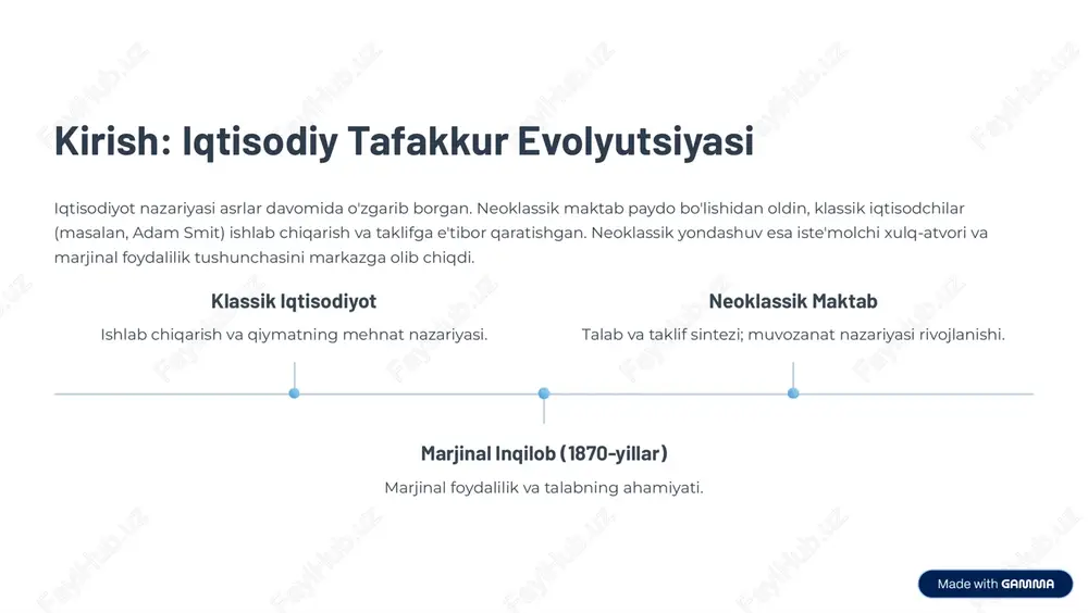 lab va taklif o'zaro ta'sirini grafik usulda ifodalaydi. muvozanat q* (muvozanat miqdori) va p* (muvozanat narxi) kesishgan nuqtada yuzaga keladi. 1 ortiqcha talab narx p* dan past bo'lsa. narxlar ko'tarila boshlaydi. 2 ortiqcha taklif narx p* dan yuqori bo'lsa. narxlar pasaya boshlaydi. 3 muvozanat bozor to'liq tozalanadi, ya'ni talab qilingan miqdor taklif qilingan miqdorga teng bo'ladi. https://gamma.app/?utm_source=made-with-gamma umumiy muvozanat nazariyasi: walras modeli leon walras tomonidan ishlab chiqilgan ushbu nazariya barcha bozorlarning bir vaqtda muvozanatga erishishini ko'rsatishga harakat qiladi. bu model iqtisodiyotni yagona, o'zaro bog'liq tizim sifatida ko'radi. walras modeli o9zaro bog8liq bozorlar tizimi kompaniyalar mehnat talab qiladi va mahsulot beradi bozorlar tovarlar va omillar almashinuvi xonadonlar mehnat ta9minoti va mahsulot talabi umumiy muvozanat hamma bozorlar bir vaqtda muvozanatga "iqtisodiyotdagi barcha narxlar bir vaqtning o'zida shunday bo'lishi kerakki, barcha bozorlar tozalanadi - bu walrasning umumiy muvozanat shartidir." https://gamma.app/?utm_source=made-with-gamma ratsional xulq-atvor va to'liq ma'lumot neoklassik nazariyalarning asosi bo'lgan bu farazlar, iqtisodiy agentlarning …