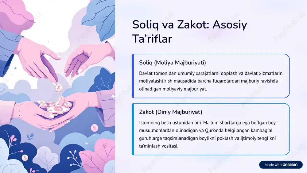 ma.app/?utm_source=made-with-gamma soliqlar va zakotning farqlari va o8xshashliklari zakot soliq jamoat farovonli gi garchi ularning maqsadlari o8xshash bo8lsa-da, ularning tabiati va qo8llash doirasi farqlanadi. https://gamma.app/?utm_source=made-with-gamma zamonaviy islomiy iqtisodiyotda soliqlar bugungi kunda islomiy iqtisodiyot nazariyotchilari soliqlar adolatli, samarali va shariat maqsadlariga mos bo8lishi kerakligini ta9kidlaydilar. iqtisodiy o8sish samarali soliq siyosati iqtisodiy o8sishni rag8batlantirish va investitsiyalarni qo8llab-quvvatlashda muhim vositadir. ijtimoiy adolat maqashid sharia (islomiy qonun maqsadlari) tamoyillari asosida soliqlar faqat adolatli va tenglikni ta9minlaydigan tarzda joriy etilishi lozim. barqarorlik manbai to8g8ri boshqariladigan soliq tizimi davlat byudjetining barqarorligini ta9minlashga yordam beradi. https://gamma.app/?utm_source=made-with-gamma zakotning ijtimoiy-iqtisodiy ta9siri: tadqiqotlar misolida ko8pgina islomiy mamlakatlarda zakot fondlari kambag8allikni qisqartirishda muhim natijalarga erishgan. 45% kambag8allikning kamayishi misr va bahrayn kabi davlatlarda zakotning to»g»ri taqsimlanishi kambag»allik darajasini sezilarli darajada pasaytirgan. 60% daromad tengsizligi zakot tizimining faol ishlashi jamiyatdagi daromad tengsizliklarini yumshatishga xizmat qiladi. https://gamma.app/?utm_source=made-with-gamma soliq va zakotni integratsiyalashgan tizimda qo8llash muvaffaqiyatli islomiy iqtisodiy modellar soliqlar va zakotni birgalikda qo8llashni talab etadi. …