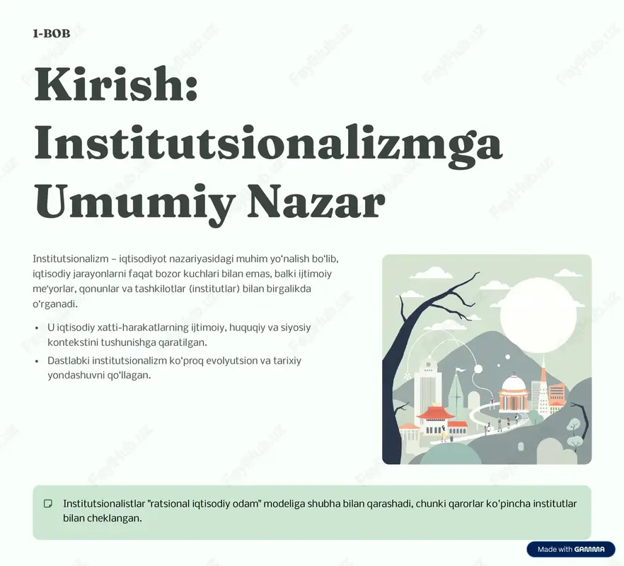 i qoidalar markaziy tamoyil va tartib kollektiv harakat hamkorlik va jamoaviy qaror tra��ak�iya resurs almashinuvi jarayoni huquqiy huquqlar ruxsatlar va majburiyatlar 1 i��c�i qoidalar (worki�g rule�) commons nazariyasining markaziy elementi. bular iqtisodiy subyektlarning ruxsat etilgan, taqiqlangan va talab qilingan harakatlarini belgilaydigan me'yorlar va qonunlardir. 2 tra�zak�iya (tra��actio�) ushbu yondashuvda tranzaksiya faqat tovar ayirboshlash emas, balki huquqiy munosabatlarni uzatish yoki yaratish jarayoni sifatida qaraladi. commons 3 turini ajratgan (ta'minlash, boshqarish, o'zaro kelishuv). 3 ma�faatlar ko�flikti iqtisodiy hayot turli guruhlar (ishchilar, kapitalistlar, iste'molchilar) o'rtasidagi doimiy manfaatlar mojarosi bilan belgilanadi. institutlar bu mojarolarni hal qilish mexanizmi hisoblanadi. https://gamma.app/?utm_source=made-with-gamma nazariy bog'liqlik tra�zak�iya xarajatlari nazariya�i bila� bog'liqlik commonsning tranzaksiya tushunchasi keyingi avlod institutsionalistlari (masalan, k. arrows, o. uilyamson) tomonidan ishlab chiqilgan tranzaksiya xarajatlari nazariyasining poydevori hisoblanadi. commons, tranzaksiya xarajatlarini (muzokaralar, kelishuvlarni amalga oshirish, nazorat qilish) o'rganish zarurligini birinchilardan bo'lib ta'kidlagan. uning tranzaksiyalarning uch turi haqidagi tushunchasi tashkilotlarning tuzilishi va ish samaradorligini tushunishga yordam beradi. tranzaksiya …