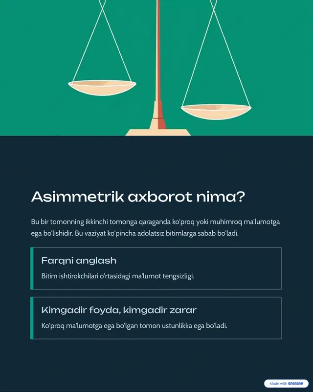 olib keladi. narxlarning buzilishi bozor narxlari noto»g»ri signallar beradi. sifatning pasayishi mahsulotlar sifati ishonchsiz bo»lib qoladi.bitimlarning kamayishi savdo hajmi va ishtirokchilar kamayadi. ma'lumotlarning noto»g»ri uzatilishi asimmetriya axborotni buzadi. agar xaridorlar mahsulot sifatiga ishonsa, narxlar ham, sifat ham pasayadi, bu esa sog'lom bozorni barbod qiladi. https://gamma.app/?utm_source=made-with-gamma asimmetrik axborotni kamaytirish yo'llari axborot tengsizligini bartaraf etish uchun turli mexanizmlar qo'llaniladi. signallash (signaling) ko'proq ma'lumotga ega tomon (sotuvchi) sifatni isbotlovchi ma'lumotlarni yuboradi. misol: qimmat diplom, kafolat berish. tekshirish (screening) kamroq ma'lumotga ega tomon (xaridor) zarur ma'lumotlarni olish uchun choralar ko'radi. misol: mutaxassisni jalb qilish, keng qamrovli so'rovlar. kafolatlar va shartnomalar tomonlarning majburiyatlarini qonuniy ravishda belgilash. https://gamma.app/?utm_source=made-with-gamma texnologiyaning roli zamonaviy texnologiyalar shaffoflikni oshirib, asimmetriyaning ta'sirini kamaytiradi. blokcheyn ma'lumotlarning o'zgarmasligi va ochiqligi - mahsulot tarixi uchun. onlayn sharhlar xizmatlar va mahsulotlar haqidagi jamoaviy bilim manbai. katta ma'lumotlar xavfni aniqroq baholash imkoniyati (masalan, sug'urta kompaniyalari uchun). https://gamma.app/?utm_source=made-with-gamma sizning foydangizga ishlatish usullari muzokaralarda doimo ustun bo'lish uchun uchta …
