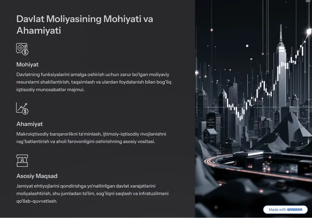 avlat xarajatlari: yo'nalishlari va samaradorligi asosiy yo'nalishlar ijtimoiy himoya: pensiyalar, nafaqalar va sog'liqni saqlash xizmatlari. infratuzilma: yo'llar, kommunikatsiyalar, energetika loyihalari. mudofaa va huquqni muhofaza qilish. ta'lim va fan: ilmiy tadqiqotlar va kadrlar tayyorlashni moliyalashtirish. samaradorlik masalasi xarajatlarning samaradorligi sarflangan mablag'larning jamiyat uchun yaratgan ijtimoiy va iqtisodiy foydasi bilan o'lchanadi. bu doimiy tahlilni talab qiladi. https://gamma.app/?utm_source=made-with-gamma davlat qarzi: kelib chiqishi, boshqaruvi va oqibatlari kelib chiqishi byudjet taqchilligini qoplash, yirik infratuzilma loyihalarini moliyalashtirish yoki favqulodda ehtiyojlar uchun mablag' jalb qilish natijasida yuzaga keladi. boshqaruvi qarzni optimallashtirish, foiz to'lovlari xavfini kamaytirish va to'lov muddatlarini maqbullashtirish kabi strategiyalarni o'z ichiga oladi. oqibatlari yuqori qarz kelajak avlodlar zimmasiga yuk bo'lishi, investitsiyalarni siqib chiqarishi va iqtisodiy o'sishni sekinlashtirishi mumkin. https://gamma.app/?utm_source=made-with-gamma fiskal siyosat: maqsadlari va instrumentlari fiskal siyosat davlat moliyasining asosiy instrumenti bo'lib, iqtisodiyotga soliqlar va davlat xarajatlari orqali ta'sir ko'rsatadi. iqtisodiy o'sish investitsiyalar va iste'molni rag'batlantirish. bandlikni ta'minlash ish o'rinlari yaratish orqali ishsizlikni kamaytirish. narxlar barqarorligi …