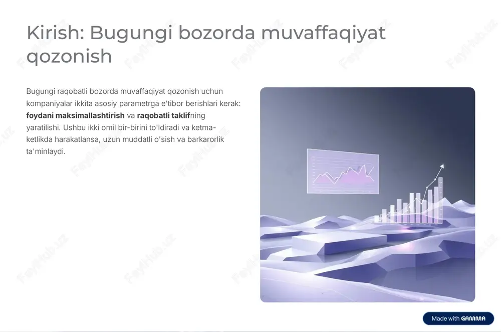 atlar, texnologiya va dizayn. mijozlarning o'zgarishi talabiga javob berish. brend kuchaytirish kuchli brend identifikatsiyasi yaratish. emosional bog'lanish va ishonch qurish. xaridor tajribasi eng qo'l xizmat va qo'llab-quvvatlash. har bir nuqtada sifat ta'minlash. https://gamma.app/?utm_source=made-with-gamma raqamli transformatsiya va texnologiyaning roli texnologiyaning ta'siri ma'lumotlar tahlili va ai qo'llanilishi avtomatlashtirish orqali xarajat qisqartirish e-commerce va raqamli kanallar real vaqt do'stiga monitoring va optimizatsiya shaxsiylashtirilgan xaridor tajribasi https://gamma.app/?utm_source=made-with-gamma mijoz sadoqatini oshirish va qayta sotish 01 xaridor retensiyon mavjud xaridor bazasi saqlash va qayta sotish ehtimolini oshirish. 02 loyallik dasturi insentivlar, mukofotlar va eksklyuziv imkoniyatlar orqali sadoqatni qurish. 03 xaridor o'ziga aloqasi shaxsiy muloqot, maslahatlar va turli vositalar orqali bog'lanishni saqlab turish. 04 hamkorlik boshqarish crm tizimlari yordamida xaridor ma'lumotlarini boshqarish va ulardan foydalanish. https://gamma.app/?utm_source=made-with-gamma muammolar va ularni yechish yo'llari raqobat intensivligi muammasi: ortiqcha taklif va narx bosimi. yechimi: differensiatsiya va noyoblik qurish, qiymat taklifini yangilash. xarajatlar o'sishi muammosi: qoldiq va material narxlarining ko'tarilishi. yechimi: samarali …