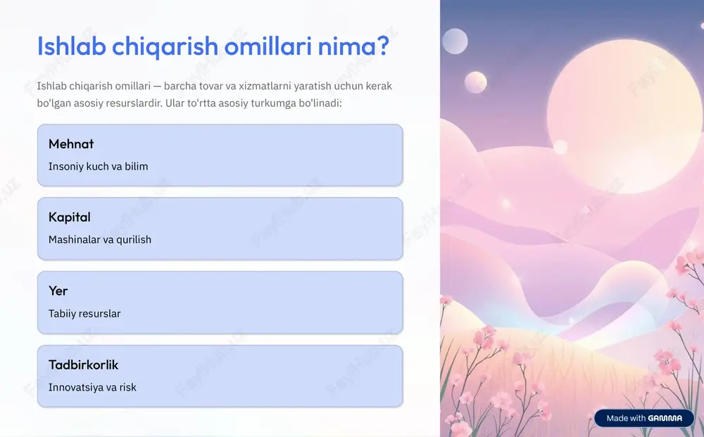 tabiiy boyliklar va qurilish uchun yer. shahardan uzoqda yer arzon, markazda qimmat. ijara haqi yer mohiyatining kattaligi va joylashuvi bilan o'zgaradi. https://gamma.app/?utm_source=made-with-gamma tadbirkorlik qobiliyati: innovatsiyalar va risk tadbirkorlik 4 dushman omildir, chunki u riskni o'z ustiga olib, boshqa omillarni birgalikda qo'llaydi. innovatsiya yangi fikr va texnologiyalarni yaratish risk olish noma'lum natijalarning uchun javobgarlik tashkil etish omillarni samarali boshqarish foyda muvaffaqiyat va ekonomik manfaat https://gamma.app/?utm_source=made-with-gamma bozor muvaffaqiyatsizliklari va davlat aralashuvi bozor har doim to'g'ri islamasligi mumkin monopoliya bir firma bozorni nazorat qilsa, narxlar oshadi, sifat tushadi tashqi effektlar ifloslanish kabi ijobiy bo'lmagan natijalari bozor hisoba olmaydi axborot asimmetriyasi ba'zi ishtirokchilar boshqalardan ko'proq ma'lumotga ega davlat yechimi qonun va nazorat orqali bozor qanatlantiradi https://gamma.app/?utm_source=made-with-gamma ishlab chiqarish omillari bozorini tahlil qilish usullari 1 1-bosqich talab va taklif egri chiziqlarini chizish 2 2-bosqich teng o'zaro nuqtani topish 3 3-bosqich narx va miqdor aniqlash 4 4-bosqich bozor o'zgarishlarini prognozlash iqtisodchilar tahlil qilish uchun grafiklar, statistika …
