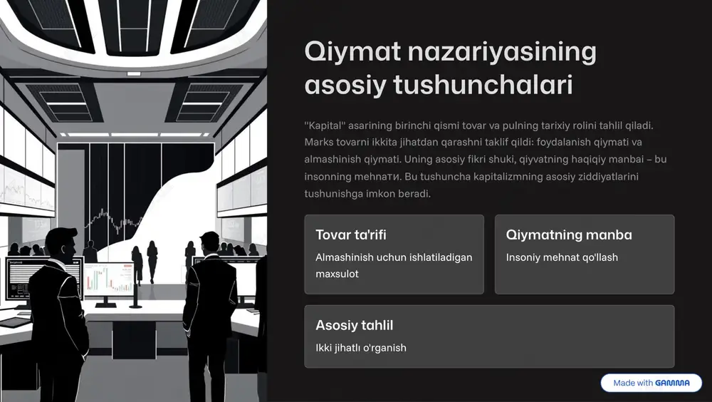 m beradi. 1 maxsulotga singdirilgan mehnat tovarni yaratadigan real mehnat. bu mehnat qiymatning asosiy elementi. 2 konkret va abstraktmehnat konkret mehnat 3 muayyan tovar yaratadi. abstraktmehnat 3 qiymatni yaratadi. 3 mehnat kuchi insonning sotuladigan tovar sifatida ishlab chiqaradigan qobiliyati. https://gamma.app/?utm_source=made-with-gamma qiymat va ortiqcha qiymat ortiqcha qiymat (plusval) 3 marksning qilib qo'yilgan eng muhim tushunchalardan biridir. bu ishchining mehnatidan kapitalist tomonidan olingan qo'shimcha qiymatdir. kapitalizmda ishchi eksploatatsiyasinin asosiy mexanizmi aynan ortiqcha qiymatni olib ketishdir. ishchi mehnati haqiqiy mehnat 3 sotiladigan jami mehnat to'lanadigan mehnat 3 ish haqi sifatida kapitalning foyda farq = ortiqcha qiymat kapitalist haqisiz olib ketadi https://gamma.app/?utm_source=made-with-gamma absolyut va nisbiy ortiqcha qiymat marks ortiqcha qiymatni ikki turga ajratdi. ikkala tur ham kapitalistik jamiyatda kapitalning o'sishiga va to'planishiga xizmat qiladi. bu ikki mexanizm bir-birini to'ldiradi va kapitalizmning dinamikasini tushunish uchun muhimdir. absolyut ortiqcha qiymat ish kunini uzaytirish orqali hosil qilinadi. ishchi ko'proq vaqt ishlaydi, kapitalisti ortiqcha qiymatni olib ketadi. nisbiy …