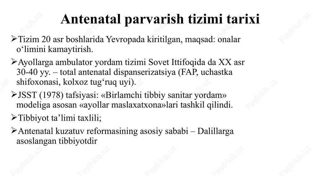 dor ayolni dalillarga asoslangan ma’lumot va zamonaviy texnologiyalarga asoslanib xomiladorlik davrida (7 martadan kam bo‘lmasligi lozim) malakali antenatal parvarish qilish; homiladorlikni erta muddatlarida aniqlash; homilador ayollarni lozim bo‘lganda tor mutaxassislarni (akusher-ginekolog, endokrinolog, kardiolog va b.) jalb etib, to‘liq birlamchi tekshiruvdan o‘tkazish; ayol sog‘ligini hisobga olgan holda homiladorlikni davom ettirish masalasini hal qilish; havf guruhidagi homiladorlarni 16-20 haftalik muddatda homilada rivojlanish nuqsonlarini aniqlash maqsadida skrining markazlariga tekshiruvga yuborish; homilada rivojlanish nuqsonlari aniqlanganda homilador ayol va oila a’zolaridan yozma rozilik olgan holda homiladorlikni to‘xtatishga yo‘llash; homiladorlik asoratlarining oldini olish bo‘yicha profilaktik tadbirlar o‘tkazish – homiladorlik yoki/va somatik kasalliklar asoratlarini erta aniqlash, lozim bo‘lganda shoshilinch yordam ko‘rsatish va homiladorlarga tibbiy yordam ko‘rsatish boskichlarini hisobga olgan holda o‘z vaqtida shifoxonaga yotqizishni tashkillashtirish; 100% homiladorlarni oiv-infeksiyasi bo‘yicha maslahat va testdan o‘tkazilishini ta’minlash; umumiy amaliyot shifokorining antenatal parvarish bo‘yicha asosiy vazifalari: homiladorlar va tug‘uvchi ayollarga tibbiy yordam ko‘rsatish bosqichlarini hisobga olgan holda homiladorlikni olib borish, tug‘ruqqa …