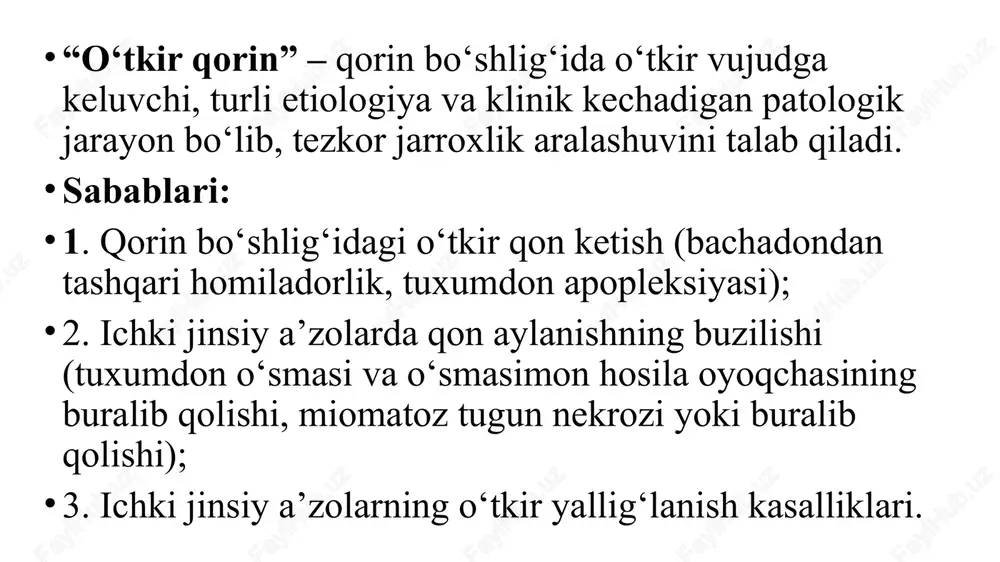 olli belgilar; 2-3 xaftada dardsimon og‘riqlar; kam miqdordagi qonli ajralmalar. nay yorilishi to‘satdan qorin pasida, to‘g‘ri ichakka beruvchi og‘riq. keskin xolsizlik, xushdan ketish, frenikus-simptom. taxikardiya, terini rangparligi naydagi xomiladorlikni rivojlanishda davom etishi kichik muddatli bachadondagi homiladorlik belgilari qiyosiy tashxis: tuxumdon apopleksiyasi: homiladorlik belgilari yo‘q, test-manfiy, belgilar hayz siklining o‘rtasi yoki 2-yarmida boshlanadi o‘tkir appenditsit: epigastri sohasida og‘riq boshlanib, pastga ko‘chishi; homiladorlik va ichki qon ketish belgilari yo‘q, shyotkin-blyumberg, sitkovskiy-rovzing, voskresenskiy-musbat; test-manfiy. tuxumdon o‘smasi oyoqchasini buralib qolishi: homiladorlik, ichki qon ketish, hayz siklini buzulish belgilari yo‘q. bachadon ortiqlarining yallig‘lanish kasalliklari: xaroratni ortishi, homiladorlik belgilar yo‘q, to‘lg‘oqsimon og‘riqlar yo‘q, qindan yringli ajralmalar bachadondan anomal qon ketish: homiladorlik belgilari yo‘q; ichki qon ketish belgilari yo‘q; test-manfiy. homiladorlikni o‘z-o‘zidan tuo‘shishi: ichki qon ketish belgilari yo‘q, laxtali, ko‘p miqdordagi qonli ajralmalar; qorin pardaning ta’sirlanish belgilari manfiy. uash taktikasi: birlamchi baholash: ps, ad, saturatsiya; kislorod ulash; v\iga 0,9% fiziologik eritma ulash; anamnez yig‘ish; transportirovka vaqtida statsionar …