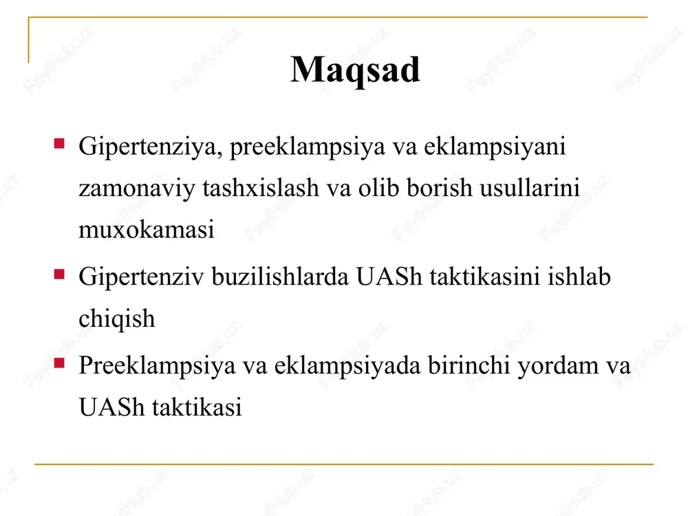 bosim – daqb - homiladorlikni olib borish taktikasini ishlab chiqishda indikator boʻlib xizmat kiladi. daqb periferik qarshilikni koʻrsatib, ayolning ruhiy xolatiga bogʻlik boʻlmaydi. agar 4 soat oraliq bilan ikki marta ketma-ket ulchaganda daqb ≥ 90 mm.sim.ust.– bu gipertenziya! agar gipertenziya homiladorlikning 20 xaftasidan keyin, tugʻruq vaqtida yoki tugʻruqdan soʻnggi 48 soat ichida kuzatilsa – bu gestatsion gipertenziya! agar homiladorlikning 20 xaftasigacha daqb- 90-109 mm.sim.ust va proteinuriya 2+ (1g/l sut) boʻlsa – oʻrta darajali preeklampsiya qoʻshilgan surunkali gipertenziya! headaches, elevated blood pressure and convulsions surunkali gipertenziya agar homiladorlikning 20 xaftasigacha aniqlangan gipertenziya boʻlsa yoki homiladorlikda birinchi marta aniqlangan gipertenziya, tugʻruqdan soʻng 12 hafta mobaynida oʻtmasa surunkali gipertenziya qoʻshimcha dam olish a/b pasayishi buyrak va platsentar perfuziyaning kamayishiga olib keladi. a/bhomiladorlikkacha boʻlgan daraja (koʻrsatkich)dan past boʻlmasligi kerak! agar ayol homiladorlikkacha antigipertenziv vositalar qabul qilgan boʻlsa, davom ettirishi lozim agar daqb ≥ 110mm.sm.ust. yoki saqb ≥ 160mm.sm.ust. boʻlsa, antigipertenziv vositalar buyuring! surunkali gipertenziya …