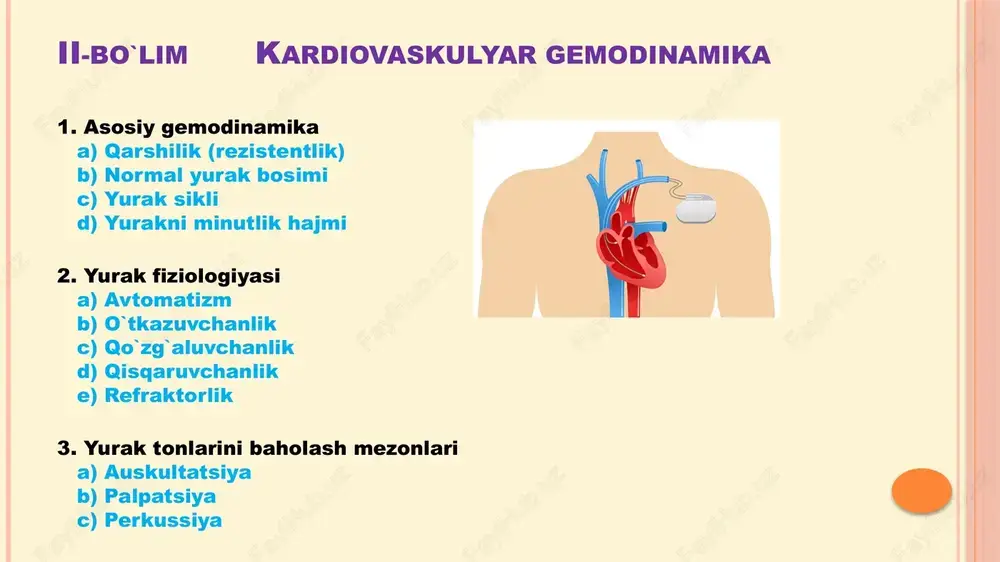 d) antiagregantlar v-bo`lim exokardiografiyasi 1. exokardigrafiyaga kirish a) exokg haqida tushuncha b) rejimlarimlari b) pozitsiyalari 2. exokg dagi o`zgarishlarni baholash a) yurak segmentlari tahlili (case) b) exokg bo`yicha xulosalar berish (case) vi-bo`lim kardiovaskulyar sistema kasalliklari 1. arterial gipertenziya 2. koronar qon aylanish sistemasi 3. yurak ishemik kasalliklari a) stabil stenokardiya b) nostabil stenokardiya c) case (exokg) 4. miokard infarkti a) ishemiya b) ishemik zararlanish c) nekroz d) miokard infarkti davrlari (ekg belgilari) e) diagnostik metodlari 5. miokard infarkti asoratlari va kardiogen shok 6. fibrinolitiklar (tlt) ekg tahlili (ishemiya va miokard infarkti) 7. gemostaz tizimiga ta`sir qiluvchi dorilar a) adgeziya b) aggregatsiya c) antikoagulyantlar d) antiagregantlar 8. gipertrofiyalar (ekg va exokg) 9. kardiomiopatiyalar (gipertrofik) 10. dilatatsion va restriktiv kardiomiopatiya ! 2,5 oyda 30 ta dars ( 2ta bonus kami 32 ta) 9. endokardit va miokardit 10. perikardit va yurak tomponadasi darslardan o`zingiz uchun nimalarni olasiz: 1. da`volash esc tavsiyalar bo`yicha 2. …