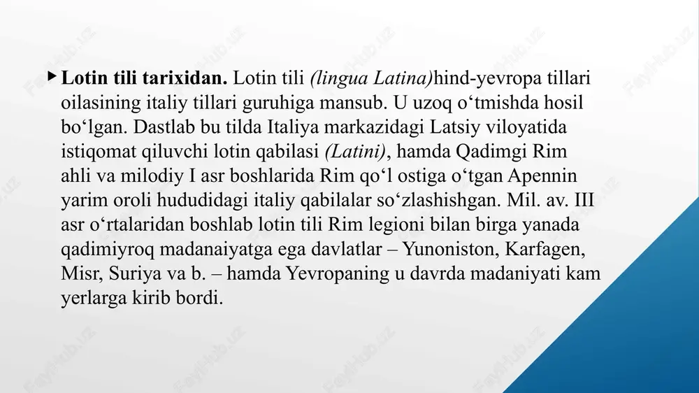 y yevropa umumiy yozuv tili bo‘libqo‘llandi; xviii-xix asrlargacha diplomatiya, ilm-fan va falsafa tili, xx asrda esa katolik cherkovi tili, vatikanning (italyan tili bilan birga) rasmiy tili bo‘lib qoldi. lotin tiliyevropa madaniyati rivojida ulkan rol oynadi. yevropa tillaridagi siyosiy, ilmiy va texnik terminologik tizimlarning leksik jihatdan boyishi va ko‘payib borishiga ijobiy ta’sirko’rsatdi lotin tiliga asos slogan va ijod etgan mashhur olimlar abu ali ibn sino (980-1037) “tib qonunlari” asari xii asrda lotin tiliga o’girilgan, g’arbiy xvi asr oxirigacha yevropada tibbiyotni o’qitish uchun asosiy manba sifatida foydalanib kelinmoqda. buqrot buqrot (mil. av. 460-307) yevropa tibbiyoti “otasi”. uning asarlarida tibbiy atamashunoslik boshlanishi aniqlangan. buqrot o’z asarlarida qo’llangan atamalarning katta qismi halqaro tibbiy lug’atga kiritilgan. rotterdamlik erasmus rotterdamlik erasmus (1469-1536) klassik lotin tili asoschisi. hozirda aytilishi va yozilishi lotin traskipsiyasida bo’lgan yunoncha so’zlar erazm rotterdamskiy tomonidan ishlab chiqilgan. uilyam garvey uilyam garvey (1578-1657) atoqli ingliz hakimi, qon aylanish tizimini kashf etgan buyuk olim. o’zining …