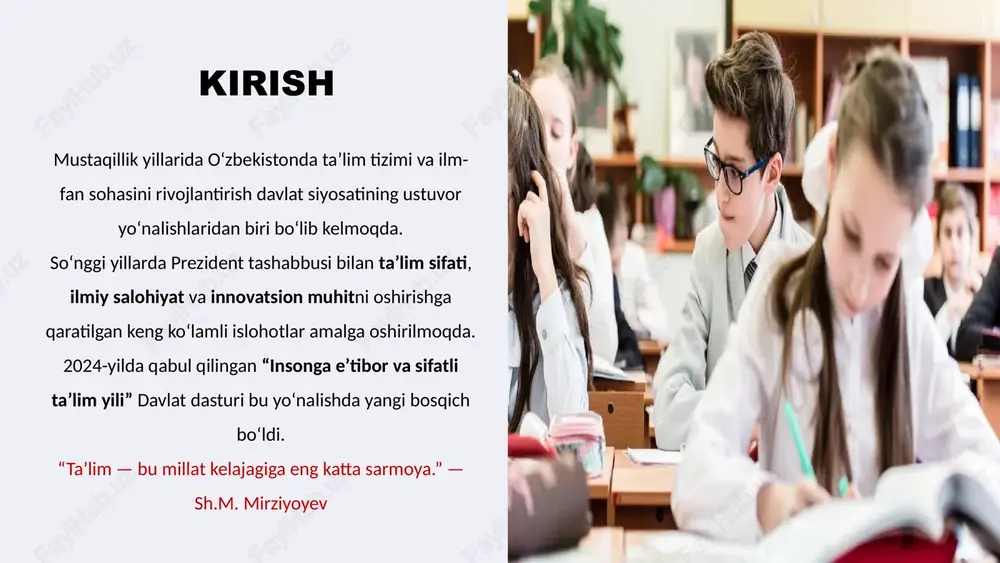 sa 2 yil etib belgilandi. kredit-modul tizimi to‘liq joriy qilinmoqda — bu talabalar uchun moslashuvchan ta’lim imkoniyatlarini yaratadi. xorijiy oliygohlar bilan qo‘shma dasturlar soni 100 dan oshdi (misol: turin politexnika, inha, westminster, misis). 2023-yilda 41 ta o‘zbekiston otm qs world university ranking reytingida qayd etildi. oliy ta’lim endi xalqaro standartlar bilan uyg‘unlashmoqda. 5 ilm-fan va innovatsion faoliyat so‘nggi yillarda ilm-fan sohasiga e’tibor sezilarli darajada kuchaydi. 2017-yilda 500 ta ilmiy loyiha moliyalashtirilgan bo‘lsa, 2024-yilda bu raqam 1 200 tadan oshdi. “yosh olimlar” dasturi orqali 35 yoshgacha bo‘lgan 2 000 dan ortiq tadqiqotchilar qo‘llab-quvvatlandi. ilmiy muassasalar soni: 140 dan ortiq, ularning 30 tasi xalqaro hamkorlikda faoliyat yuritadi. 2024-yilda “o‘zbekiston ilmiy grantlari jamg‘armasi” tashkil etilib, 200 mlrd so‘mlik yangi grant loyihalari moliyalashtirildi. maqsad — fundamental va amaliy tadqiqotlarni iqtisodiyot tarmoqlari bilan bog‘lash. 6 ilmiy natijalar va xalqaro e’tirof o‘zbekistonlik olimlarning ilmiy maqolalari soni so‘nggi 5 yilda 2,5 baravar oshdi. scopus bazasida ro‘yxatga olingan …