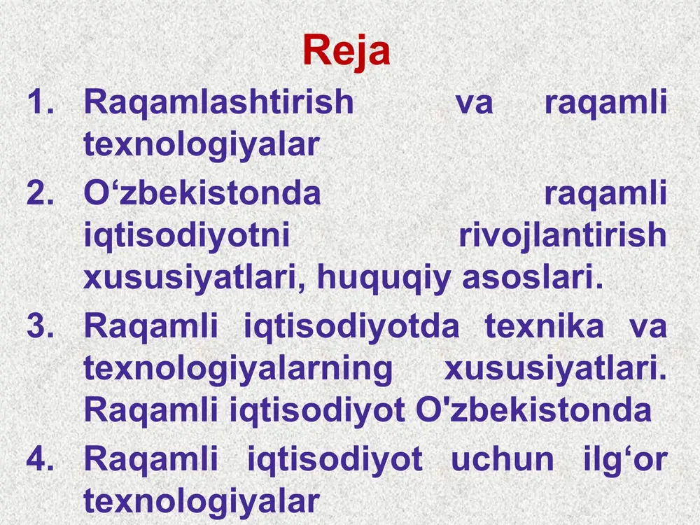 hi; ishlab chiqarishdagi harajatlarning kamayishi; yangi ish o'rinlari yaratilinishi; yangi zamonaviy kasblar paydo bo'lishi; kambag'allikni yengish va ijtimoiy tengisizlikni yuqolishi. raqamli iqtisodiyot keltirib chiqarishi mumkin bo'lgan xavflar kiber hujum xavfi, shaxsiy ma'lumotlar himoyasi bilan bog'liq muommolar; "raqamli qullik" (millionlab insonlar ma'lumotlaridan keyinchalik ularni o'zlarini tutishini boshqarish uchun foydalanish); ishsizlikni oshishi, axborot texnoloiyalarini rivojlanishi va uni tadbiq qilinishi ortidan bir qancha sohalar va kasblar yo'q bo'lib ketishi mumkin. raqamli iqtisodiyoti rivojlangan dunyo davlatlari "raqamli" davlatlar bugungi kunda norvegiya, shvetsiya va shvetsariya hisoblanishadi. raqamli iqtisodiyot rivojlangan 10 ta davlatlar qatoriga aqsh, buyuk britaniya, daniya, finlandiya, singapur, janubiy koreya va gonkong kiradi. raqamli iqtisodiyot o'zbekistonda axborot texnologiyalari va kommunikatsiyalarini rivojlantirish vazirligi “unicon.uz” – fan-texnika va marketing tadqiqotlari markazi davlat unitar korxonasi tomonidan “raqamli iqtisodiyotga oid atamalarning ruscha-o‘zbekcha izohli lug‘ati” yaratildi. mazkur lug‘at raqamli iqtisodiyotda mavjud atamashunoslikni umumlashtirishga qaratilgan bo‘lib, albatta, hali yetarlicha mukammal bo‘lmagan urinish bo‘lib hisoblanadi. o‘zbekistonda hukumat qarori bilan “raqamli iqtisodiyot”ni …