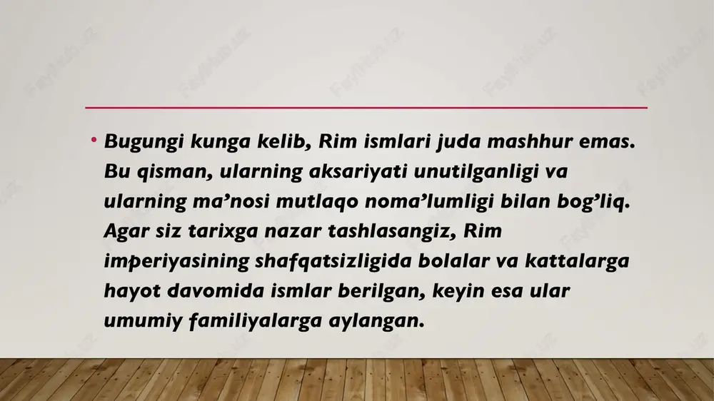 tadigan ko’plab so’zlar va bolalarimiz uchun ishlatadigan bolalar uchun cheksiz ismlar. agar siz kelajakdagi farzandingiz uchun ism izlayotgan bo’lsangiz, bu erda biz sizga o’g’il uchun eng asl rim ismlarini taklif qilishimiz mumkin. ular lotin tilidan kelib chiqqan ismlar, boshqa ibroniycha va biz hatto ba’zi yunonlarni ham kuzatishimiz mumkin, ammo barchasi katta ma’noga ega va bu ismga hamroh bo’lgan shaxsning kichik izohi bilan. ushbu ismlar sizning farzandingizga kerakli ismdan ilhom olishingiz uchun ma’lum va yoqimli tanlov bilan tanlanadi. o’g’il bola uchun rim ismlari adrian: adriatik dengizidan olingan. ular faol va chiqadigan odamlardir. ular har doim boshqalarga yordam berishga va ularni kuldirishga tayyor, ammo muhabbatda ular juda yaxshi sevgililar bo’lishmaydi. alair: bu “baxtli” degan ma’noni anglatadi. shuning uchun ular katta baxtni sochadilar va shuning uchun ular katta loyihalarga dinamizm va turtki bilan erishadila eʼtiboringiz uchun tashakkur image2.jpeg image3.jpeg image4.jpeg image5.jpeg image6.jpeg image1.jpeg /docprops/thumbnail.jpeg