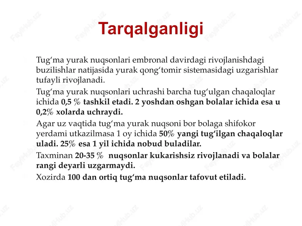 , bo‘lmachalar aro devor nuksoni mitral stenozi bilan. ikkinchi gurux — yurak ichidagi venoz konni arterial kon okimiga okishi bilan kuzatiladigan nuksonlar (o‘ngdan chapga, birlamchi-ko‘k). bu guruxga — fallo uchligi, tetradasi va pentadasi, uchtabakali kopkokni atreziyasi, magistral tomirlarni transpozitsiyasi kiradi uchinchi gurux — yurak magistral arteriyalarining torayishi bilan kuzatiladigan to‘gma nuksonlar: o‘pka arteriyasining stenozi, aorta stenozi, aorta koarktatsiyasi. tug’ma nuqsonlar fallo tetradasi ko’krak bukriligi exokardiografiya rentgenografiya kt mrt yurak kameralarini zondlash angiokardiografiya tez xolsizlanish ish vaktida kuchayadigan xansirash yurakni tez urushi jismoniy rivojlanishdan orqada qolishi tez-tez o’tkir respitor kasalliklarga chalinish teri rangini oqimtir tusga kirishi tananing pastki qismini ko‘karishi qorinchalar aro to’siq nuksoni qorinchalar aro devorning nuqsoni xansirash terini oqimtir tusga kirishi jigarni kattalashishi gipotrofiya jismoniy rivojlanishidan orqada qolish ko‘krak kafasini deformatsiyasi to’sh suyagining chap tomonida iii-iv qovurg’alar aro soxasida sistolik shovqini nukson soxasiga yamok tikilgan korinchalar aro devorning nuksoni o‘pka arteriyasini torayishi, korinchalar aro tusik nuksoni, aortani o‘ng tomonga …