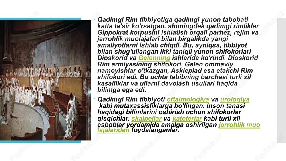 shifokori arxagatus kelishidan keyingina chet el tibbiyoti rimda xalq tomonidan qabul qilingan, bu asosan kelajakda rim amaliyotiga umumiy moslashish tufayli bo'lgan. rim jamiyatiga yunon ta'sirining kengroq oqibatlarini chetga surib qo'yadigan bo'lsak, qadimgi yunon tibbiyoti, etnografiyasi va meteorologiyasining ta'siri ayniqsa ikkita sohaga tegishli edi: arxitektura va sog'liqni saqlash. bu rim armiyasi nuqtai nazaridan juda muhim edi, unda ko'plab tibbiy yutuqlar mavjud edi. tibbiyot yo'nalishi tashkil etildi, doimiy vrachlar tayinlandi, valetudinariyalar (harbiy shifoxonalar) tashkil etildi, sezar davrida yaradorlarga tizimli yordam koʻrsatishning ilk izlari paydo boʻldi. rim qoldiqlarida topilgan jarrohlik asboblarining xilma-xilligi va tabiati jarrohlik haqida yaxshi bilimga ega ekanligini ko'rsatadi. rim tibbiyotiga yunon tibbiyot an'analari katta ta'sir ko'rsatdi. yunon tibbiyoti paydo bo'lishidan oldin rim tibbiyoti din va sehrning ta'sirida edi. birinchi rim tabiblari tibbiy ma'lumotga ega bo'lmagan yoki oila boshlig'i bo'lmagan diniy arboblar bo'lgan. birinchi professional shifokorlar yunon shifokorlari edi. bitiniyalik asklepiad miloddan avvalgi 124-yilda rimga kelgan. u bemorlarga mehribonligi bilan mashhur …