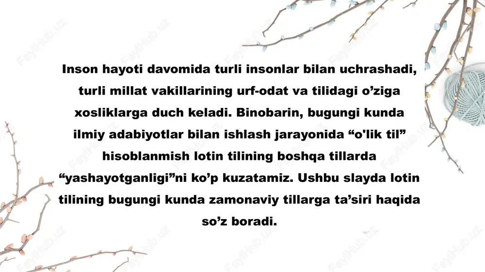 eshitib ko’rish, negizi auscultation. ana endi lotin tili so’z negizi zamonaviy yevropa tillarida deyarli bir hilda yozilishga ekanligini xohlangan til lug’atlarida ko’rishingiz mumkin. bu yerda, hurmatli o’quvchida faqat o’sha tilning fonetikasidan ozroq xabardor bo’lishlikning o’zi yetarli bo’ladi. demak, siz o’rganayotgan tilingizning fonetuk bilimlarini qo’llab, lotin tili leksikasidan bemalol foydalanishingiz mumkin. chunki, bunday holatlar ko’plab uchraydi xulosa xulosa qilib shuni aytish mumkinki, lotin tilining ahamiyati va imkoniyati cheksizdir. o‘ziga do‘st bo‘lgan har bir yosh o‘quvchi zamonaviy tillarni o‘rganishda lotin tilidan foydalanishi maqsadga muvofiqdir. foydalanilgan adabiyotlar: 1. soxiba mallaevna normurodova, tibbiy atamalarni shakllantirish usullari, science and education, scientific journal, issn 2181-0842, volume 3, issue 11, november 2022 2. yorova sayora karimovna, aytmuratova perxan kenjabaevna, esanova maftuna bakhodirovna, normurodova sohiba mallaevna. (2023). phraseological units in the medical field of english and uzbek cultures. development and innovations in science, 2(2), 10–13. https://doi.org/10.5281/zenodo.7608593 3. sohiba mallayevna normurodova, sayora karimovna yorova, nemis tili frazeologik birikmalari va …