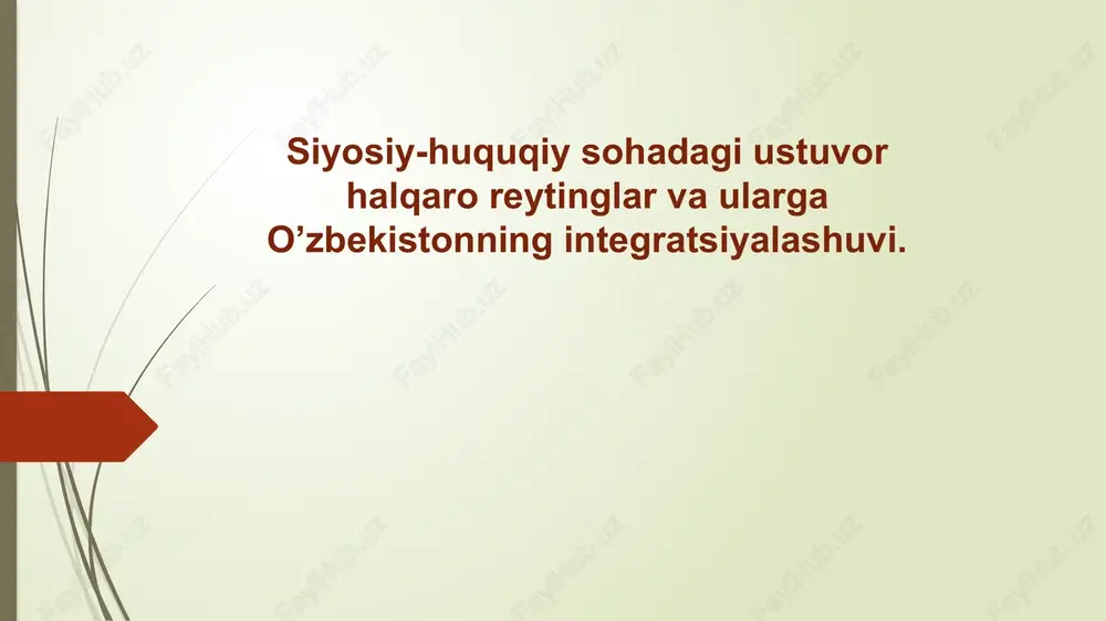 bu yo'nalishda amalga oshirilayotgan ishlarni yangi bosqichga ko'tarishda muhim dasturilamal bo'ldi. mazkur farmonga muvofiq, xalqaro reyting va indekslar bilan ishlash bo'yicha respublika kengashi tuzilib, sohada parlament nazorati o'rnatildi. o'zbekiston respublikasi oliy majlisi yig’ilishda o’zbekiston respublikasi prezidentining “o’zbekiston respublikasining xalqaro reyting va indekslardagi o’rnini yaxshilash hamda davlat organlari va tashkilotlarida ular bilan tizimli ishlashning yangi mexanizmini joriy qilish to’g’risida”gi farmoni ijrosini tashkil qilish bilan bog’liq masalalar muhokama qilindi. mas’ul davlat organlari birinchi rahbarlarining faoliyati samaradorligini baholashning bosh mezonlaridan biri etib o’zbekiston respublikasi uchun ustuvor bo’lgan xalqaro reyting va indekslarda mamlakatning o’rnini yaxshilash belgilandi: