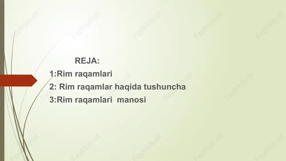 ci = 100 + 1 = 101; xi = 10 + 1 = 11. kichik raqam kattasidan oldin yozilsa, katta raqamdan kichigi ayriladi. masalan il = 50 — 1 = 49; ic = 100 — 1 = 99; ix = 10 — 1 = 9. rim raqami decimal nominatsiya v 5000 besh ming x 10.000 o'n ming l 50.000 ellik ming c 100.000 yuz ming d 500.000 besh yuz ming m 1.000.000 bir million qadimgi davrlarda rim raqamlari ba'zan kichik harflar bilan yozilgan bo'lsa-da, hozirgi zamonda ular katta harflar bilan yozilgan. bilish kerak bo'lgan narsalardan biri bu 0 ni ifodalaydigan harf yo'q, chunki bu aslida qiymat emas, chunki u hech narsani anglatmaydi. bundan tashqari, siz bilishingiz kerak bo'lgan rim raqamlarining boshqa qoidalari mavjud va ular quyidagilar: rim raqamlari har doim chapdan o'ngga o'qiladi, bu biz uchun muammo emas, chunki bizning yozish va o'qish tizimlarimiz bir xil tartibda o'qiladi. rim raqamlari …