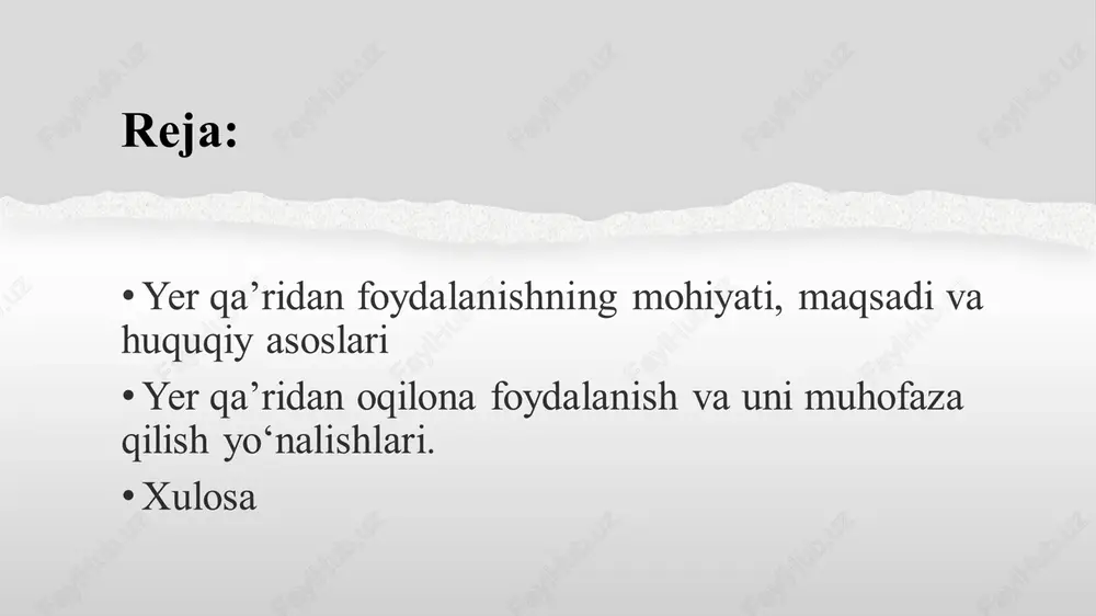 osti resurslarini himoya qilish va ularni barqaror boshqarish tizimi yo‘lga qo‘yilgan. • shuningdek, xalqaro ekologik talablar va texnologik yangiliklardan foydalanish, ekologik monitoringni kuchaytirish hamda korxonalar faoliyatini ekologik standartlarga muvofiqlashtirish bu sohada muhim ahamiyat kasb etmoqda. xulosa • yer qa’ridan oqilona va samarali foydalanish – bu mamlakatning iqtisodiy taraqqiyoti, energetika mustaqilligi va ekologik xavfsizligini ta’minlaydigan eng muhim omillardan biridir. • shu bilan birga, bu resurslardan foydalanish jarayonida ekologik muvozanatni saqlash, tabiiy muhitni ifloslanishdan himoya qilish va yer osti tuzilmalariga zarar yetkazmaslik davlat va jamiyat oldidagi eng muhim vazifalardan biri sanaladi. e’tiboringiz uchun rahmat ! slide 1: yer qa’ridan foydalanish sohasi slide 2: reja: slide 3: 1. yer qa’ridan foydalanishning mohiyati, maqsadi va huquqiy asoslari slide 4 slide 5: 2. yer qa’ridan oqilona foydalanish va uni muhofaza qilish yo‘nalishlari slide 6: yer qa’rini muhofaza qilish yo‘nalishlari bir nechta asosiy yo‘nalishlarni o‘z ichiga oladi. birinchidan, geologik muhofaza tizimini kuchaytirish zarur, ya’ni yer osti …