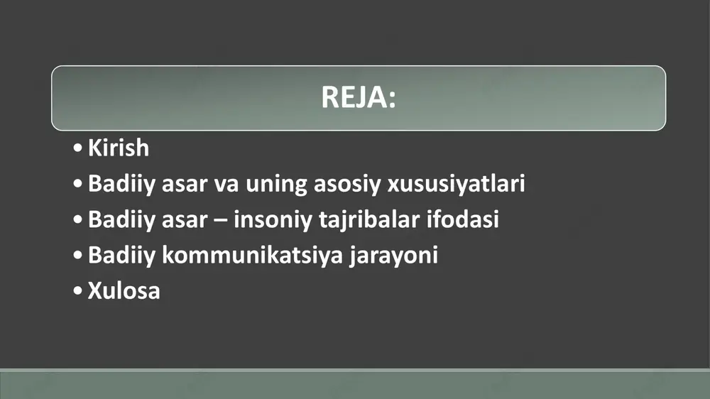 azifalari axborot yetkazish – voqealar, qahramonlar va muhit haqida ma‘lumot beradi. hissiy ta‘sir ko‘rsatish – o‘quvchining his-tuyg‘ulariga ta‘sir etadi, empatiya uyg‘otadi. estetik zavq uyg‘otish – badiiy til va tasviriylik orqali o‘quvchini estetik jihatdan boyitadi. ijtimoiy va axloqiy g‘oyalarni targ‘ib qilish – jamiyatning dolzarb masalalarini yoritadi va o‘quvchini ma‘naviy yuksalishga undaydi. xulosa badiiy asar badiiy kommunikatsiyaning eng samarali vositalaridan biri bo‘lib, u muallif va o‘quvchi o‘rtasida muloqotni ta‘minlash orqali insonning ma‘naviy olamini boyitadi. badiiy asar o‘quvchini nafaqat axborot bilan ta‘minlaydi, balki uning hissiy va estetik ehtiyojlarini ham qondiradi. e’tiborngiz uchun rahmat !