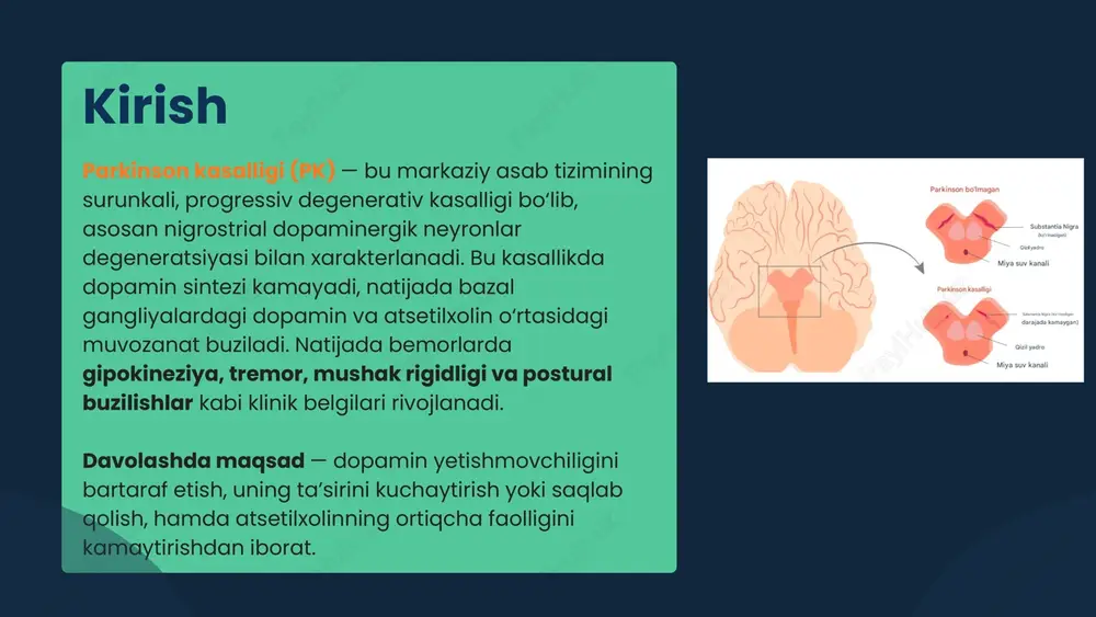 makodinamika: d₂ retseptorlarni faollashtirib, dopamin kabi ta’sir ko‘rsatadi. parkinson simptomlarini yengillashtiradi, ayniqsa gipokineziya va rigidlikni kamaytiradi. farmakokinetika: og‘iz orqali yaxshi so‘riladi. miyaga oson kiradi. yangi avlod agonistlarining yarim parchalanish davri uzun, bu ularni kechki simptomlarni kamaytirishda foydali qiladi. afzalliklari: levodopaga nisbatan diskineziya chaqiruvchi ta’siri kamroq. yosh bemorlarda yoki kasallikning dastlabki bosqichida monoterapiya sifatida tavsiya etiladi. nojo‘ya ta’sirlari: qon bosimi pasayishi uyquchanlik, holsizlik impuls nazorati buzilishi (gambling, giperseksualizm) gallyutsinatsiyalar, ayniqsa keksalarda. dopamin retseptor agonistlari amantadin dastlab gripp a virusiga qarshi vosita sifatida ishlab chiqilgan, ammo keyinchalik uning markaziy nerv tizimiga dopaminergik ta’siri aniqlanib, parkinson kasalligida simptomatik davo sifatida keng qo‘llanila boshlandi. bu dori parkinson simptomlarini yengillashtiruvchi yagona vosita bo‘lib, bir vaqtning o‘zida bir nechta mexanizmlar orqali ta’sir ko‘rsatadi. dozalash (klinik amaliyotda) odatda 100 mg kuniga 1–2 marta boshlanadi. maksimal doza — 400 mg/kun. tolerantlik (odatlanish) rivojlanmasligi uchun dozani asta-sekin oshiriladi. kechqurun berilmaydi (uyqusizlik sababli). amantadin (midantan) ta’sir mexanizmi (farmakodinamika) amantadinning ta’sir …