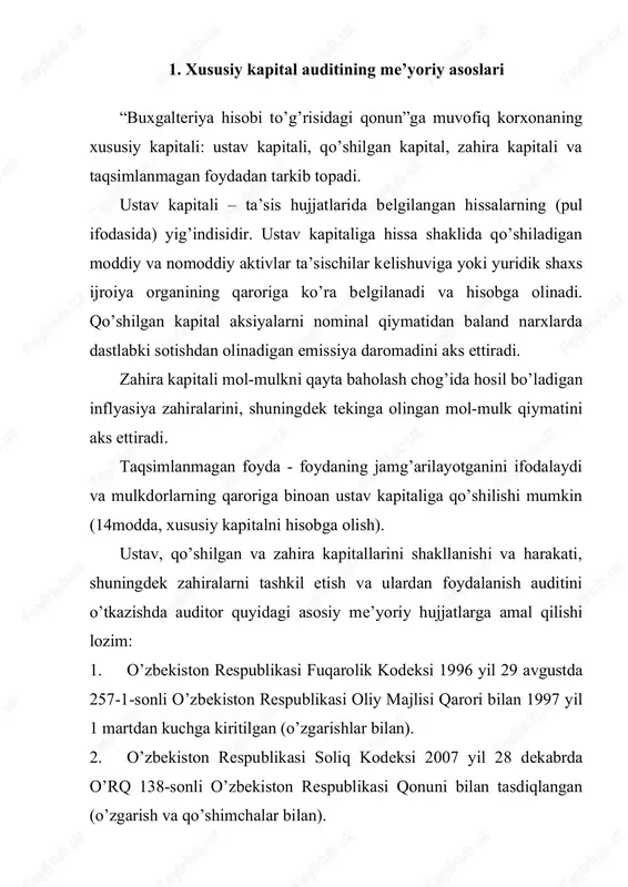 ul qilingan (o’zgarish va qo’shimchalar bilan). 4. "mas’uliyati cheklangan va qo’shimcha mas’uliyatli jamiyatlar to’g’risida"gi o’zbekiston respublikasi qonuni. 2001 yil 6 dekabrda qabul qilingan (o’zgarish va qo’shimchalar bilan). 5. "fermer xo’jaliklari to’g’risida"gi o’zbekiston respublikasi qonuni 1998 yil 30 aprelda qabul qilingan (o’zgarishlar bilan). 6. "dehqon xo’jaliklari to’g’risida"gi o’zbekiston respublikasi qonuni 1998 yil 30 aprelda qabul qilingan (o’zgarishlar bilan). 7. "faoliyatning ayrim turlarini lisenziyalash to’g’risida"gi o’zbekiston respublikasi qonuni 2000 yil 25 mayda qabul qilingan (o’zgarish va qo’shimchalar bilan). 8. "buxgalteriya hisobi to’g’risida"gi o’zbekiston respublikasi qonuni. 1996 yil 30 avgustda qabul qilingan. 9. "auditorlik faoliyati to’g’risida"gi o’zbekiston respublikasi qonuni. 2000 yil 26 mayda qabul qilingan (o’zgarish va qo’shimchalar bilan). 10. o’zbekiston respublikasi moliya vazirligining 2002 yil 27 dekabrdagi 140-sonli buyrug’i bilan tasdiqlangan "moliyaviy hisobot shakllari va ularni to’ldirish qoidalari" (o’zgarish va qo’shimchalar bilan). 11. o’zbekiston respublikasi moliya vazirligi va davlat soliq qo’mitasi tomonidan 2002 yil 17 aprelda 51 va 002-40-sonli qarori bilan qabul …