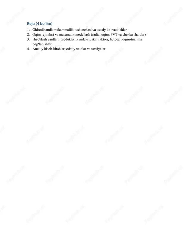 isob-kitobni birliklarni moslashtirib bajarish zarur (md va cp kombinatsiyalari uchun maydoniy koeffitsientlardan foydalanish mumkin). nisbiy taqqoslash uchun j/jideal: j/jideal = 8.006 / 11.006 ≈ 0.727. demak, gm ≈ 72.7% (skin sababli ~27.3% yo‘qotish). 4.2. test ma’lumotlaridan s ni baholash bosim tiklanish testida yarim-log grafikda to‘g‘ri chiziqning ordinata o‘qini kesish nuqtasi orqali skin aniqlanadi. step-rate testida bosim-debit grafigidagi egri chiziq ijobiy s borligini ko‘rsatishi mumkin. 4.3. tavsiyalar perforatsiyani qatlamning eng yuqori permeabil hududlariga yo‘naltirish. debritlarni (changsimon zarrachalar) minimal darajada qoldirish uchun tozalash sikllarini to‘liq bajarish. agar s katta bo‘lsa, kislotalash yoki frakturingni ko‘rib chiqish. gaz quduqlarida yuqori tezlik rejimida forchaymer tuzatmalarini inobatga olish. muntazam quduq testlari bilan j va s dinamikasini monitoring qilish. 4.4. hisoblash uchun parametrlar jadvali (namuna) parametr belgi qiymat birlik o‘tkazuvchanlik k 120 md qatlam qalinligi h 12 m qovushoqlik μ 1.2 cp hajmiy koeff. b 1.1 — kon bosimi p_res 18 mpa quduq tubi bosimi p_wf 12 …