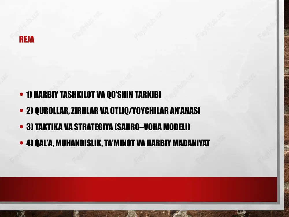 konstruksiyasi uzoq masofada kuchli penetratsiya beradi. hujum qurollari uzun nayza, qilich (qilichcha), xanjar va cho‘qmor. sapan (to‘yda) va tosh otish moslamalari — piyoda uchun. har xil o‘q uchlari: bargsimon, uchqir, zirhdelgich. o‘q uchi materiali bosqichma-bosqich tosh→bronza→temirga o‘tgan. himoya vositalari zirh: charm, bronza plastinalar, keyinroq temir halqali zirh. qalqon: dumaloq/yumaloq, yog‘och + charm qoplama. dubulg‘a va bilak-tilak himoyalari. og‘ir zirh harakatni sekinlashtirsa-da, yaqin jangda omon qolishni oshiradi. otboqar va ot zirhi ot uchun po‘stloq/charm himoya — zodagon otlilarda kengroq. egarlik va jilov anjomlari manevrni yaxshilagan. uruqdan ot tanlash: chidamli va yengil yuguruvchi zotlar. ot sifati — jangovar qudratning yarmini belgilaydi. qurolsozlik va ustaxonalar temirchilik: pichoq, nayza uchi, o‘q uchi, dubulg‘a detali. charmsozlik: zirh, o‘qdon, yelkadosh qoplar. yog‘ochsozlik: kamon karkasi, nayza sopi, qalqon tanasi. shahar-vohalarda mutaxassis ustalar klasterlari shakllangan. manevr va aldov usullari soxta chekinish — dushmanni quvishga undab, so‘ng qanotdan zarba. qanotlardan o‘rash (envelopment) — markazni zaiflashga majbur etish. doimiy o‘q …