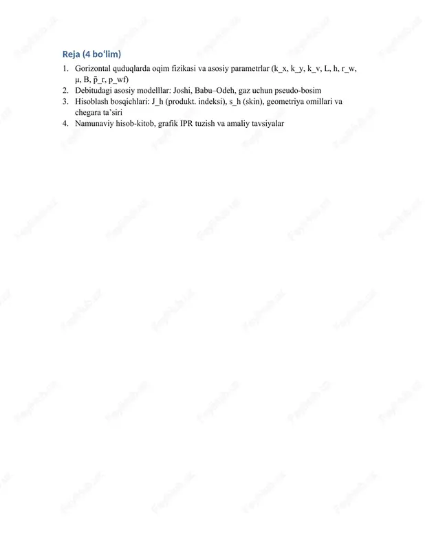 ‘indisi. 2.3. gaz quduqlari uchun pseudo-bosim gazda kompressibil ta’sir kuchli: m(p) = ∫ (2p/μ_g·z) dp pseudo-bosim kiritiladi. q_g = [2·π·k_h·l·( m(p̄_r) − m(p_wf) )] / [ b_g·(ψ + s_h) ]. yuqori tezliklarda inertsiya (forchheimer) tuzatmasi qo‘llanadi. 3. hisoblash bosqichlari va ipr 1) ma’lumotlarni yig‘ish: k_x, k_y, k_v, h, l, r_w, μ, b, p̄_r, p_wf; testlardan s_h (yoki pi)ni baholash. 2) anizotropiya koeffitsienti η = √(k_h/k_v) ni hisoblash. 3) geometriya funksiyasi ψ(l,h,η) ni tanlash (joshi/babu–odeh). 4) j_h = q / (p̄_r − p_wf) ni aniqlash va ipr: q = j_h·(p̄_r − p_wf). 5) gaz uchun ipr: q_g ∝ [m(p̄_r) − m(p_wf)]. 3.1. ekvivalent radius yondashuvi ba’zi hisoblarda gorizontal quduq vertikal quduq formulalariga ekvivalent radius r_eq bilan keltiriladi: q ≈ [2·π·k_h·h·(p̄_r − p_wf)] / [ μ·b·( ln(r_e/r_eq) + s_h ) ], bunda r_eq funksional ravishda l va η ga bog‘liq. 3.2. chegara ta’siri (finite drainage) kvadrat drenaj maydonida l/a nisbati katta bo‘lsa, …