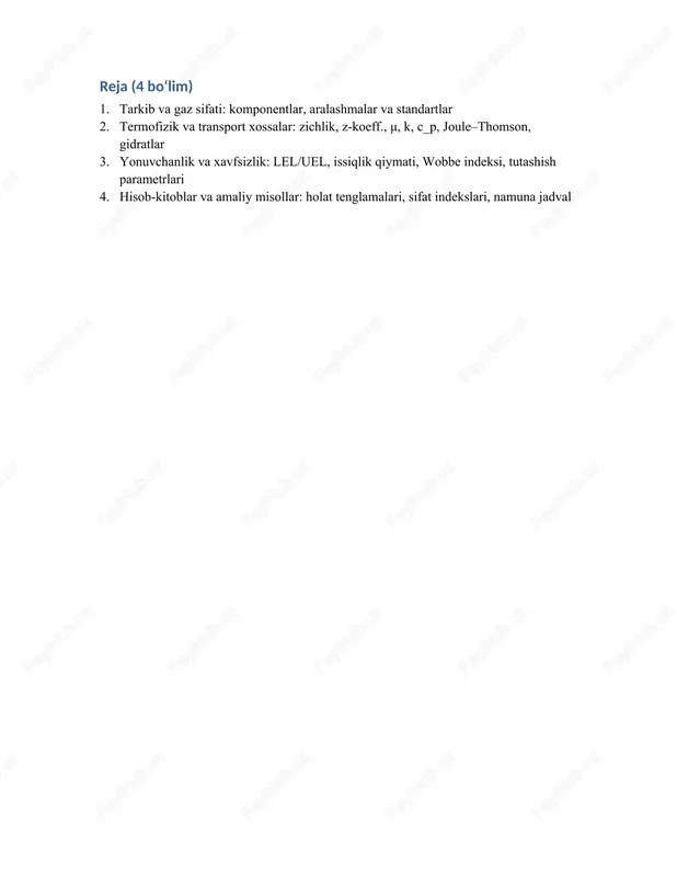 n c_p va c_v haroratga bog‘liq; γ = c_p/c_v tovush tezligi va issiqlik jarayonlarini belgilaydi. joule–thomson koeffitsienti μ_jt > 0 bo‘lsa, izentalpik kengayishda sovish sodir bo‘ladi (gidrat xavfi). 2.4. gidratlar va shdp (hydrocarbon dew point) gidrat hosil bo‘lishi uchun suv + gaz + past t va yuqori p kombinatsiyasi zarur; inhibitorlar (meg/teg) qo‘llanadi. uglevodorod shudring nuqtasi (hcdp) propan–butan fraksiyalari mavjudligida oshadi; suyuqlanish xavfi. 3. yonuvchanlik va xavfsizlik 3.1. yonuvchanlik chegaralari lel/uel (havo bilan): metan uchun taxminan 5–15% vol diapazon (laboratoriya sharoitida). avtoalangalanuv temperaturasi ~ 540 °c (metan); alangalanish energiyasi past. 3.2. issiqlik qiymati va wobbe hhv ≈ 35–42 mj/sm³ (metan boy gazlar); lhv ≈ 32–38 mj/sm³ (namlikka bog‘liq). wobbe indeksi gaz yondirgichlar mosligi uchun asosiy indikator: w = hhv / √(ρ_r). 3.3. sifat va xavfsizlik ko‘rsatkichlari odorant qo‘shish (merkaptanlar) — sizishni erta aniqlash uchun. korroziya: h₂s/co₂ → nace talablari, shuningdek suv bilan karbonat kislotasi hosil bo‘lishi. ldar: metan sizishini ir …