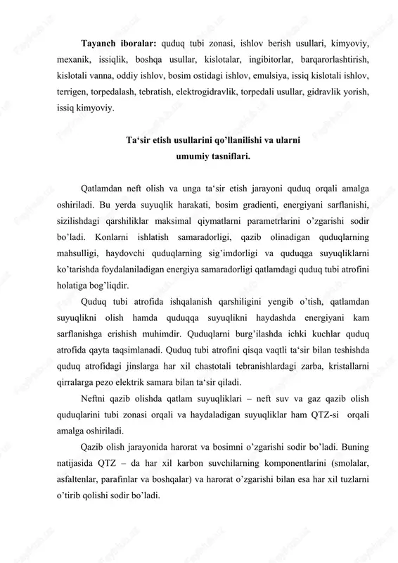 a har xil karbon suvchilarning komponentlarini (smolalar, asfaltenlar, parafinlar va boshqalar) va harorat o’zgarishi bilan esa har xil tuzlarni o’tirib qolishi sodir bo’ladi. qatlamda sizilish qarshiligini kamaytirish uchun qtz-da o’tkazuvchanlikni oshirish quduq devori bilan tutashuvchanligini yaxshilash hamda oqimni kirib kelishini kuchaytirish va energiya sarfini kamaytirish uchun ta‘sir etuvchi tadbirlar amalga oshiriladi. qtz-ga ta‘sir etish usullarini uchta asosiy guruhga bo’lish mumkin: kimyoviy, mexanik, issiqlik, aralash. kimyoviy usulni qatlam tog’ jinslari va elementlarini eritib qtz-sini suzuvchanligi oshirish maqsadida qo’llash maqsadga muvofiqdir. ta‘sir etish natijasida tuz yoki temir yotqiziqlarini eritish mumkin. na‘munaviy ta‘sir etish usuliga oddiy kislotali ishlov berish kiradi. qattiq tog’ jinslariga mexanik usulda ta‘sir etib qtz-ni atrofini qatlamni uzoq oraliqlari bilan sizilish jarayonini yaxshilaydi. bunday usulga qatlam gidravlik yorish (qgyo) ta‘sir usuli kiradi. qtz-dagi qattiq yotqiziqlarni yoki juda kuchli qovushqoqlik karbonsuvchilarni qaysiki parafin, smola, asfalten hamda qovushqoq neftlarga ta‘sir issiqlik usulida ta‘sir etish maqsadga muvofiqdir. bunday ta‘sir etish turiga qtz-ga chuqurlik …