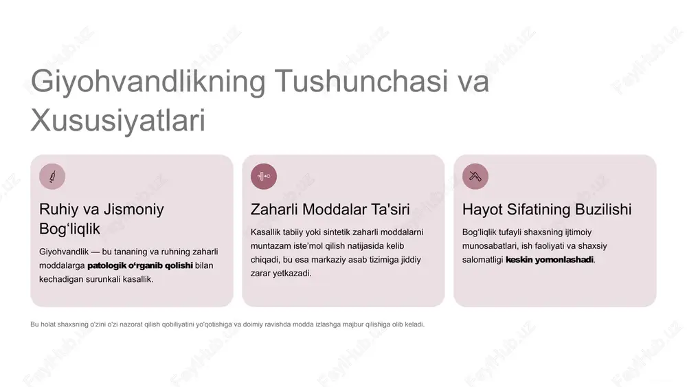 r oiladagi notinchlik, ota-onaning o‘zaro kelishmovchiligi, alkogolizm yoki giyohvandlik holatlari bolalarda qochish istagini kuchaytiradi. salbiy atrof-muhit moddalarning oson topilishi, giyohvandlikning "moda"ga aylanishi, shuningdek, jamiyatda taqlid qilishga moyillik xavfni oshiradi. 4 toksikomaniya: zaharli moddalar g‘irromligi toksikomaniya bu giyohvand moddalar ro‘yxatiga kirmaydigan, ammo zaharli xususiyatga ega bo‘lgan moddalarni (masalan, yelim, benzin, bo‘yoq erituvchilar kabi inhalyantlarni) iste’mol qilish orqali o‘zini zaharlashdir. asosan bolalar va o‘smirlar orasida tarqalgan. moddalar osongina topilishi sababli xavf yuqori. miya hujayralariga tezda va qaytarib bo‘lmas darajada zarar yetkazadi. 5 jiddiy oqibatlar: sog‘liq va jamiyatga zarar giyohvandlik va toksikomaniya shaxsning sog‘ligiga ham, butun jamiyatga ham chuqur va uzoq muddatli zarar yetkazadi. fiziologik buzilishlar yurak-qon tomir tizimi, o‘pka, jigar va miya faoliyatining buzilishi. oits, gepatit kabi yuqumli kasalliklar xavfi. ijtimoiy degradatsiya ish joyini, oilasini yo‘qotish, doimiy moliyaviy muammolar, ijtimoiy ajralish va uzoqlashish. psixologik holat depressiya, tajanglik, agressiya, paranoyya. ba’zi hollarda shaxsiyatning buzilishi va ruhiy kasalliklarga olib keladi. 6 giyohvandlikka qarshi kurash …