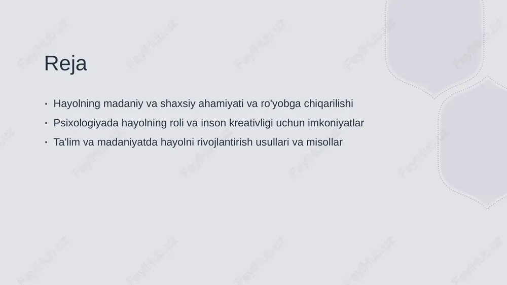 h va hikoya yozish kabi faoliyatlar qo‘llaniladi. bu orqali yoshlar o‘z kreativligini namoyish etadi. texnologik vositalar digital texnologiyalar, masalan, virtual va kengaytirilgan haqiqat, ta'limda hayolni rivojlantirishda samarali vosita bo‘lib, talabalarga o‘z fikrlarini vizual tarzda ifoda etishga imkon beradi. hayolning shaxsiy va madaniy ahamiyatini mustahkamlash uchun strategiyalar 1 ijodkorlikni rivojlantirish hayolning shaxsiy va madaniy ahamiyatini mustahkamlash uchun, ijodkorlikni oshirish va yangi fikrlash usullarini qo‘llash muhimdir. bu bilan insonlar o‘z tasavvurlarini kengaytiradi va madaniyatga chuqurroq bog‘lanadi. 2 madaniyat bilan bog‘liqlik hayolni rivojlantirishda madaniyat va an’analarning roli katta. o‘tmishdagi hikoyalar, san’at va traditsiyalar orqali shaxsiy va madaniy identifikatsiya mustahkamlanadi. 3 ta’lim va amaliy yondashuv innovatsion ta’lim metodlari va amaliy mashg‘ulotlar orqali hayolni rivojlantirish mumkin. kreativ loyihalar va guruh ishlari shaxsiy va madaniy o‘sishni qo‘llab-quvvatlaydi. psixologiyada hayolning ijodkorlik va muhitga ta'siri 1 ijodkorlik va hayol hayol insonlarning kreativ fikrlashini rivojlantiradi, yangi g‘oyalar va muammolarga innovatsion yondashuvlar yaratishda muhim rol o‘ynaydi. 2 muhit va ruhiy …