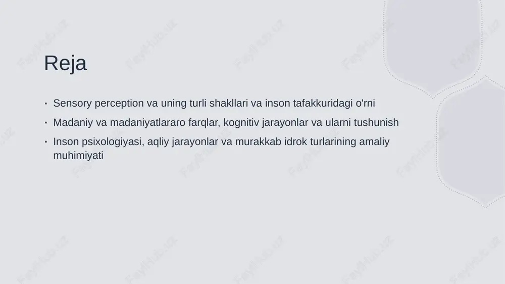 hun ma'noga aylantiradi va tafakkur jarayoniga kirishadi. tafakkurga aylantirish mexanizmlari qabul qilingan ma'lumotlar miya tomonidan tahlil qilinadi, xotira bilan bog'lanadi va muayyan fikrlar, qarorlar shakllantiriladi. madaniyat va an'analarning sezgi va tafakkurga ta'sir qilish usullari madaniyat ta'siri madaniyat va an'analar inson sezgi va tafakkurga turli usullar bilan ta'sir qiladi. bu jarayonlar madaniyatning o'ziga xosliklari va qadriyatlaridan kelib chiqadi. sezgi rivojlanishi madaniyatlar sezgi tizimlarining shakllanishiga ta'sir qiladi, ranglar, tovushlar va hidlar bilan bog'liq tafakkurni kuchaytiradi. kognitiv tafovutlar madaniyatlararo farqlar inson tafakkurini va sezgi jarayonlarini farqlab, muayyan madaniyatning o'ziga xos fikrlash uslublarini shakllantiradi. kognitiv jarayonlar va sezgi o'rtasidagi o'zaro bog'liqliklar 1 sezgi va kognitsiya sezgi ma'lumotlari kognitiv jarayonlar orqali tahlil qilinadi, bu esa insonning dunyoni to'g'ri tushunishi va qarorlar qabul qilishiga yordam beradi. 2 axborotlar ishlash sezgi orqali olingan axborotlar miyada ishlanadi, bu esa fikrlash, xotira va muomala jarayonlarining asosini tashkil etadi. 3 kognitiv skanerlar kognitiv jarayonlar sezgi ma'lumotlarini tanlash, tahlil qilish va …