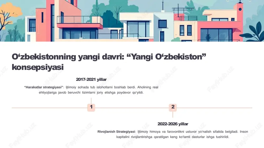 a moslashuv, fuqarolik jamiyati institutlari bilan hamkorlikni kengaytirish va ochiqlikni ta'minlash. gender tenglik ayollarning siyosiy, iqtisodiy va ijtimoiy hayotdagi ishtirokini kuchaytirish bo‘yicha qonunchilik asoslari takomillashtirilmoqda. nogironligi bor shaxslarni qo‘llab-quvvatlash inklyuzivlikni ta'minlash va ularga munosib sharoit yaratish, ijtimoiy himoya tizimlarini kengaytirish. 5 sog‘liqni saqlash va bandlikni oshirish sifatli dori vositalari: arzon va sifatli dori vositalari bilan ta’minlash tizimi kengaytirildi, bu ayniqsa chekka hududlar uchun muhim ahamiyatga ega. ish o‘rinlari: yangi ish o‘rinlari yaratish va aholi real daromadlarini oshirishga qaratilgan kompleks chora-tadbirlar, shu jumladan kichik biznesni rag‘batlantirish dasturlari joriy etildi. profilaktika: sog‘lom turmush tarzi va kasalliklarni oldini olish bo‘yicha aholi o‘rtasida tushuntirish ishlari kuchaytirildi. 6 “uzbekistan – 2030” strategiyasi va ijtimoiy rivojlanish strategik maqsad — barqaror iqtisodiy o‘sish orqali o‘rta daromaddan yuqori daromadli davlatlar qatoriga kirish. ta’lim tizimi xalq ehtiyojlariga moslashgan, jahon standartlariga intiluvchi ta’lim muhitini yaratish. sog‘liqni saqlash birlamchi tibbiy xizmatlar sifatini oshirish, tibbiy yordamning aholiga yaqinligini ta’minlash. ijtimoiy himoya manzilli …