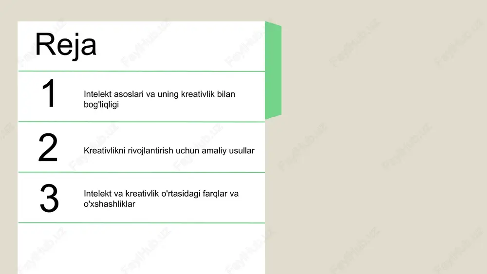 va kreativlik o'zaro bog'liq. doimiy o'qish va o'z-o'zini rivojlantirish muvaffaqiyat kalitidir. xulosa va tavsiyalar intelekt va kreativlik: kelajakdagi yo'nalishlar kelajakda innovatsiyalar va kreativ fikrlashning rivojlanishi uchun yangi yo'nalishlar. intelekt va kreativlikni rivojlantirishning kelajakdagi yo'nalishlari texnologik rivojlanish va ta'lim metodlarining yangilanishi bilan bog'liq bo'ladi. innovatsiyalar va kreativ fikrlashni qo'llab-quvvatlovchi muhitlar tashkil etish, yangi pedagogik yondashuvlar va raqamli platformalardan foydalanish muhim ahamiyat kasb etadi. ish joylarida intellektual va kreativ qobiliyatlarni rivojlantirish uchun zamonaviy treninglar, mentorluk tizimlari va ko'p tarmoqli loyihalar muhim rol o'ynaydi. kelajakda sun'iy intellekt va ma'lumotlarni tahlil qilish texnologiyalari yordamida kreativlik va intellektning rivojlanishi tezlashadi, bu esa innovatsion yechimlarni ishlab chiqishga imkon yaratadi. shu bilan birga, ta'lim va ish joylarida insoniylik va ijodkorlikni saqlash uchun etik va psixologik muhitlarni mustahkamlash muhim bo'ladi. kreativlikni rivojlantirish: asosiy usullar bu slide kreativlikni rivojlantirish uchun muhim usullar, e'tibor berish kerak bo'lgan jihatlar, muhim qadamlar va har bir usulning o'ziga xos xususiyatlarini o'z ichiga oladi. …