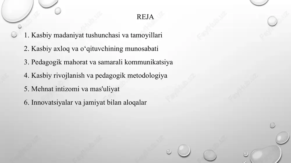 marali kommunikatsiya pedagogik mahorat o‘qituvchining fan bilimlari bilan birgalikda darsni rejalashtirish, ta’lim metodlarini tanlash, baholash va o‘quvchilarni rag‘batlantirish qobiliyatlarini o‘z ichiga oladi. samarali kommunikatsiya esa o‘qituvchidan aniq, tushunarli va motivatsion nutq, tinglash san’ati, noverbal signallarni boshqarish hamda konstruktiv fikr almashishni talab etadi. ustoz va o‘quvchi o‘rtasidagi ishonch va hamkorlik pedagogik jarayonni samarali qiladi, shuning uchun feedback berish hamda refleksiv amaliyotni rivojlantirish muhimdir. kasbiy rivojlanish va pedagogik metodologiya kasbiy rivojlanish doimiy ta’lim va professional o‘sish orqali amalga oshadi: malaka oshirish kurslari, ilmiy-amaliy seminarlar, o‘z ustida ishlash va tajriba almashish klubari bunga kiradi. pedagogik metodologiya esa zamonaviy dars uslublari — differentiated instruction, loyiha asosida o‘qitish, aktiv va interfaol metodlarni qo‘llashni o‘z ichiga oladi. o‘qituvchi o‘z amaliyotini doimiy ravishda yangilab borishi, tadqiqotlar olib borishi va o‘z darslarini pedagogik nazorat orqali takomillashtirishi kerak. mehnat intizomi, mas'uliyat va vaqtni boshqarish mehnat intizomi o‘qituvchidan o‘z ishiga nisbatan qat’iylik, tartib-intizom va mas’uliyatni talab qiladi. bu darsga puxta …