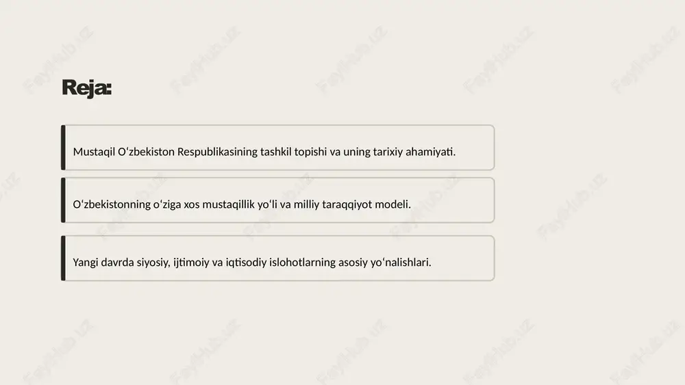 lar bozor iqtisodiyotiga bosqichma-bosqich o‘tish. xususiy mulkchilikning huquqiy asoslarini yaratish va tadbirkorlikka erkinlik berish. energetika, qishloq xo‘jaligi va sanoatda eksportga yo‘naltirilgan siyosatni yuritish. tashqi siyosatdagi mustaqillik hech bir davlatga qaram bo‘lmagan mustaqil tashqi siyosat yuritish. xalqaro tashkilotlarga (bmt, yxht) a’zo bo‘lish va jahon hamjamiyatida o‘z o‘rniga ega bo‘lish. mintaqaviy hamkorlikni mustahkamlashga qaratilgan faol diplomatiya. 6 milliy madaniyat va tilning rivojlanishi o‘zbek tili o‘zbek tilining davlat tili sifatidagi maqomi mustahkamlandi, bu esa tilning barcha sohalarda faol qo‘llanilishiga zamin yaratdi. tarixiy meros amir temur, mirzo ulug‘bek kabi buyuk ajdodlarning merosini o‘rganish va keng targ‘ib qilish boshlandi. yosh avlod tarbiyasi milliy ruh va qadriyatlarga asoslangan ta’lim tizimini rivojlantirishga e’tibor qaratildi. 7 mustaqillik yo‘lida yengilgan qiyinchiliklar mustaqillikning dastlabki yillari iqtisodiy muammolar, siyosiy beqarorlik xavfi va eski tizimning qoldiqlarini bartaraf etish bilan bog‘liq katta sinovlar davri bo‘ldi. ammo bu sinovlar xalqni yanada birlashtirdi. 1 iqtisodiy qiyinchiliklar inflatsiya va mahsulot tanqisligi sharoitida iqtisodiy barqarorlikka erishish. 2 …