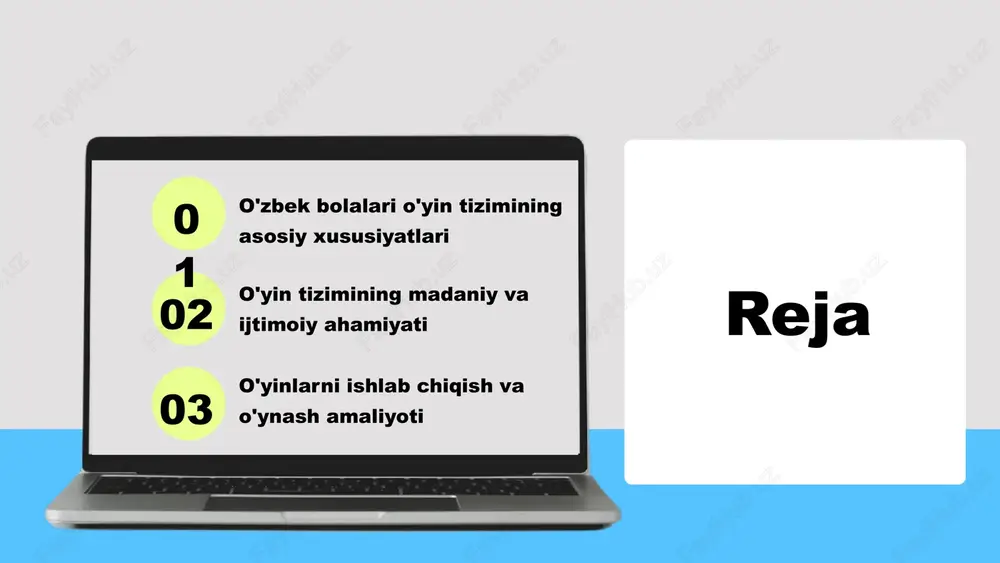 iy intellekt va virtual haqiqat o'yinlarni interaktiv qilishda muhim. yangi tendensiyalar raqamli, mobil va onlayn o'yinlar bolalarning rivojlanishiga ijobiy ta'sir ko'rsatmoqda. zamonaviy texnologiyalar virtual va kengaytirilgan haqiqat texnologiyalari o'yinlarni immersiv va realistik qiladi, bolalarning ijodiy va kognitiv qobiliyatlarini rivojlantiradi. bolalar rivojiga ta'siri yangi o'yin tizimlari bolalarning intellektual, emotsional va jismoniy rivojlanishiga yordam beradi, muammoni hal qilish va ijtimoiy ko'nikmalarni oshiradi. kelajak istiqbollari va muammolar o'yin tizimining madaniy ahamiyati o'yin tizimlari madaniyatni ifodalash va rivojlantirishda muhim rol o'ynaydi. milliy an'analarning, urf-odatlarning va qadriyatlarning shakllanishi va saqlanishi uchun asos bo'ladi. madaniyat va o'yinlar o'rtasidagi bog'liqlik o'yinlar madaniyatning ajralmas qismi bo'lib, yoshlar uchun milliy qadriyatlarni o'zlashtirish va tarixiy merosni yosh avlodga o'tkazish imkonini yaratadi. o'yinlar yordamida madaniyatni rivojlantirish imkoniyatlari o'yinlar va ijtimoiy taraqqiyot o'yinlarning ijtimoiy ta'siri o'yinlar bolalar va yoshlar o'rtasida ijtimoiy munosabatlarni rivojlantiradi. jamoaviy ishlash, hamkorlik va raqobatni o'rgatadi. masalan, sport o'yinlari jamoaviylikni oshiradi. ijtimoiy munosabatlarning shakllanishi o'yinlar orqali bolalar ijtimoiy qoidalarni …