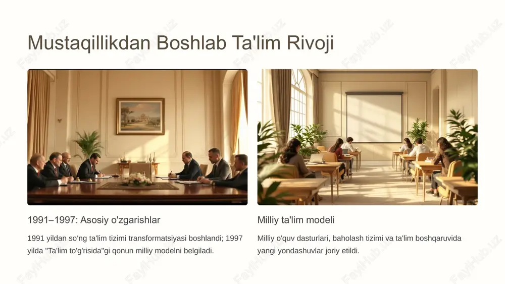 iylashdi. 6 xalqaro hamkorlik va innovatsiyalar universitetlar va ilmiy markazlar xorijiy hamkorlar bilan loyiha va grantlar asosida faol ishlamoqda. raqamli platformalar, masofaviy kurslar va laboratoriyalar joyida tajriba almashishni rag'batlantirmoqda. international partnerships digital & research integration applied research online learning exchange programs joint projects 7 kelajak kadrlarini tayyorlash amaliy ko'nikmalar laboratoriyalar va sanoat bilan hamkorlik talabalarga real dunyo ko'nikmalarini beradi, amaliyotlar kengaymoqda. ishga joylashish kasbiy yo'nalishlar bo'yicha bozor ehtiyojlariga mos kadrlar tayyorlanmoqda — stajirovka va amaliy loyihalar ustuvor. 8 pedagoglarning holati va malaka oshirish maosh tafovuti o'qituvchilarning ish haqi o'rtacha 2,5 barobar oshirildi, bu kasb jozibadorligini kuchaytirdi. malaka oshirish xorijiy stajirovkalar, onlayn kurslar va mahalliy seminarlar orqali pedagoglar malakasini oshirish tizimi kengaydi. moliya va boshqaruv 10 ta oliy ta'lim muassasasi o‘zini-o‘zi moliyalashtirishga o'tdi, bu ularning mustaqil rivojlanishini rag'batlantirdi. 9 xulosa: ta'lim islohotlari – yangi o'zbekistonning asosi ta'lim tizimi zamonaviy, raqobatbardosh va inklyuziv bo‘lishga intilmoqda. yangi avlodni yuqori malakali va intellektual kadr …