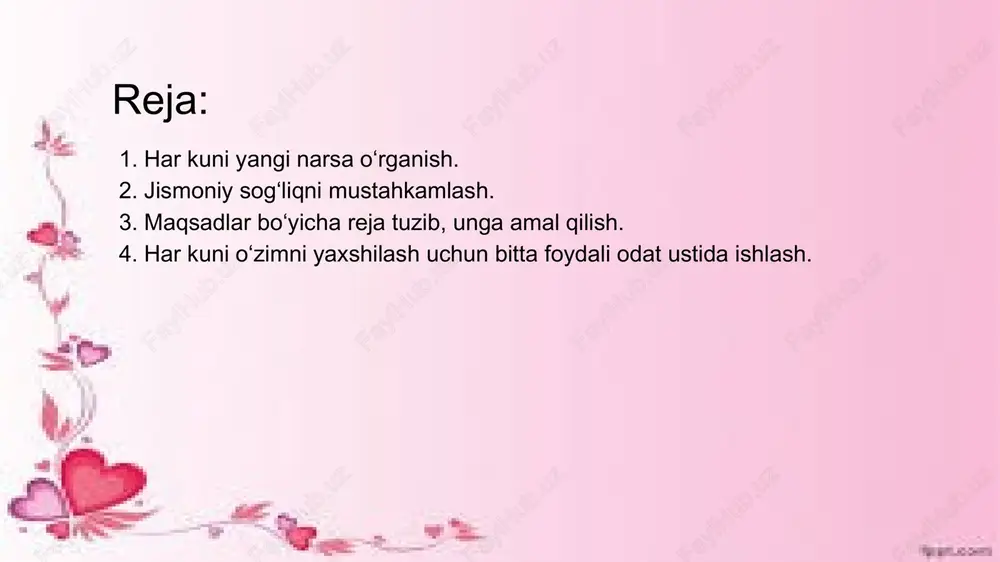 angi narsa o‘rganish insonda ijodkorlik va tashabbuskorlikni rivojlantiradi. har bir o‘rganilgan narsa yangi g‘oya tug‘ilishiga sabab bo‘lishi mumkin. ayniqsa, o‘z sohasi bilan bog‘liq yangi bilimlar olish professional rivojlanishga xizmat qiladi. ish beruvchilar ham o‘z ustida doim ishlaydigan, o‘zini yangilab boradigan xodimlarni qadrlaydi. 2. jismoniy sog‘liqni mustahkamlash. inson hayotida eng bebaho boyliklardan biri bu — sog‘liqdir. sog‘lom tana, sog‘lom fikr va sog‘lom ruh bir-biriga chambarchas bog‘liq bo‘lib, baxtli va sermazmun hayot kechirishda hal qiluvchi o‘rin tutadi. jismoniy sog‘liqni mustahkamlash esa faqatgina kasal bo‘lib qolganda emas, balki har kuni amalga oshirilishi kerak bo‘lgan muhim hayotiy odatdir. bugungi kunda turmush tarzining o‘zgarishi, stress, noto‘g‘ri ovqatlanish, jismoniy faollikning kamayishi kabi omillar ko‘plab sog‘liq muammolarini keltirib chiqarmoqda. shu sababli har bir inson o‘z jismoniy holatini nazorat qilish, sog‘lom turmush tarziga amal qilish va muntazam ravishda salomatligiga e’tibor qaratishi lozim. jismoniy sog‘liqni mustahkamlash birinchi navbatda jismoniy faollikdan boshlanadi. haftasiga kamida 150 daqiqa o‘rtacha jismoniy mashqlar bilan …