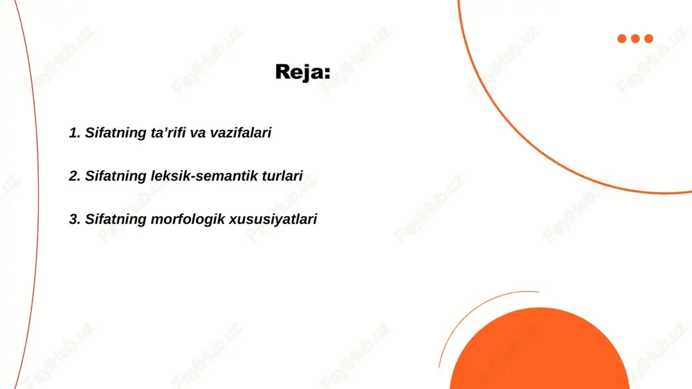 daraja sifatning boshlangʻich shakli: katta, chiroyli. qiyosiy daraja ikki predmetni solishtirishda ishlatiladi, misol: katta, kattaroq; chiroyli, chiroyroq yoki ko‘proq chiroyli. superlativ eng yuqori daraja misol: eng katta, eng chiroyli. qiyosiy va superlativ turli qoʻshimchalar yoki eng predikati yordamida hosil qilinadi. ba'zi sifatlar murakkab shakllar bilan yoki o‘zgarishsiz ishlatiladi. ... t.me/slaydai_bot sifatlarni taqqoslash uchun uch usul bor: 1) -roq qo‘shimchasi bilan: katta → kattaroq, tez → tezroq; 2) ko‘proq so‘zini qo‘yish orqali: chiroyli → ko‘proq chiroyli (yoki ko‘proq go‘zal), murakkab → ko‘proq murakkab; 3) eng bilan oliy darajani bildiradi: eng katta, eng tez, eng chiroyli. -roq asosan qisqaroq taqqoslash, ko‘proq miqdor yoki sifatni oshirish, eng esa eng yuqori darajani ifodalaydi. ... t.me/slaydai_bot sifat yasovchi qo‘shimchalar otlardan yangi sifat hosil qiladi. -li ob’ektga ega yoki munosabatni ko‘rsatadi: mevali, suvli. -siz yo‘qlik yoki ayrimlikni bildiradi: mevasiz, xolisiz. -chan xususiyat yoki odatni ifodalaydi: bolachan, odatchan. -dor egalik, to‘la yoki xususiyatni bildirishi mumkin. boshqa qo‘shimchalar …