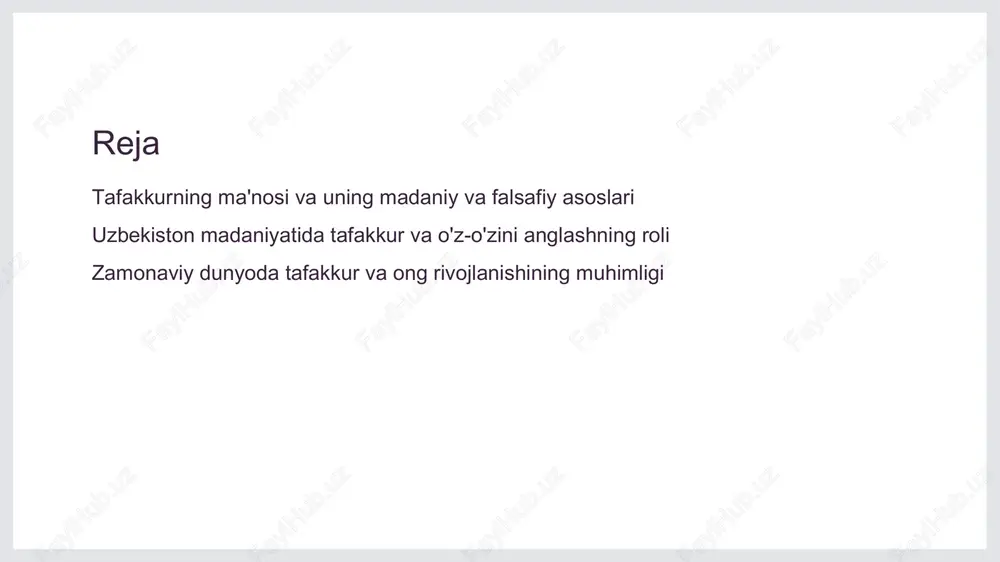 y va intellektual o'sishdagi ahamiyati 1 o'z-o'zini anglash tafakkur va ong rivojlanishi shaxsiy o'sishni ta'minlaydi. bu jarayon insonning o'zligini tushunishi va ichki dunyosini rivojlantirish imkonini beradi. 2 intellektual rivojlanish fikrlash qobiliyatining oshishi orqali inson muammolarni hal qilish va yangi bilimlar yaratishda yanada samarali bo'ladi. bu jarayon bilim va ko'nikmalarni kengaytiradi. 3 madaniy o'zgarish tafakkur va ong rivojlanishi madaniyatimizda qadriyatlar va an'analarni saqlash bilan birga, zamonaviy fikrlashni shakllantiradi, yangi fikrlar va yondashuvlar uchun poydevor bo'ladi. o'zbekiston madaniyatida tafakkur va o'z-o'zini anglashning tarixiy ildizlari 1 an'anaviy tafakkur - o'zbekiston madaniyatida tafakkur an'analari qadimdan mavjud bo'lib, avloddan-avlodga o'tib, hikmat va falsafa shaklida rivojlangan. bu madaniyatda fikrlashning asosiy ildizlari diniy va axloqiy qadriyatlarda yotadi. 2 hikmat va falsafa - o'zbek madaniyatida hikmat va falsafa muhim o'rin tutadi, ular inson ongini rivojlantirish va hayotiy muammolarga yechim topishda yordam beradi. bu yo'nalishlar asrlar davomida shaxsiy va ijtimoiy tafakkurning asosiy manbai bo'lib kelgan. 3 tarixiy o'zgarishlar - …