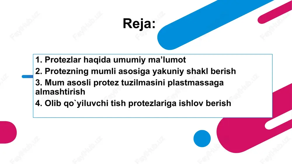 a oʻrnatiladi. olinadigan (plastinkali) yasama tish milkka yoki qattiq tanglayga mahkamlab qoʻyiladigan va sunʼiy tishlar oʻrnatilgan plastinka (asos)dan iborat. koʻp tishlar yoʻq va sogʻlom tayanch tishlar boʻlmaganda olinadigan yasama tish tavsiya etiladi. u toʻliqmas va toʻliq (hamma tishlar oʻrnini toʻldiradigan) boʻladi. koʻp tishlar yoʻq va tayanch tishlar sogʻlom boʻlsa, yoysimon (byugel) yasama tish qulay, bunda asos plastinka oʻrnida metall yoydan foydalaniladi. hamma tish boʻlmaganda toʻliq yasama tish qoʻllaniladi: uning plastinkasi shilliq qavatga tiralib, soʻlak bilan hoʻllanib yopishib turganligi sababli protez ogʻizda yaxshi oʻrnashadi. yasama tish qoʻyishdan oldin, albatta, ogʻiz boʻshligʻini sogʻlomlashtirish (chirigan tishlarni davolash, juda yemirilgan tishlar va tish toshlarini olib tashlash), tayanch tishlar ildizi atrofidagi toʻqimalar holatini tekshirish shart. yasama tish qoʻydirishga muhtoj boʻlgan kishiga mos protez tuzilishini stomatolog vrach aniqlaydi. protezning mumli asosiga yakuniy shakl berish protez tuzilmasidagi oldin ko`rsatilgan kamchiliklar tekshirilib bartaraf etilgandan so`ng model okklyudator bilan birga tish tehnigi laboratoriyasiga yuboriladi. tish tehnigi protez asosiga ishlov …
