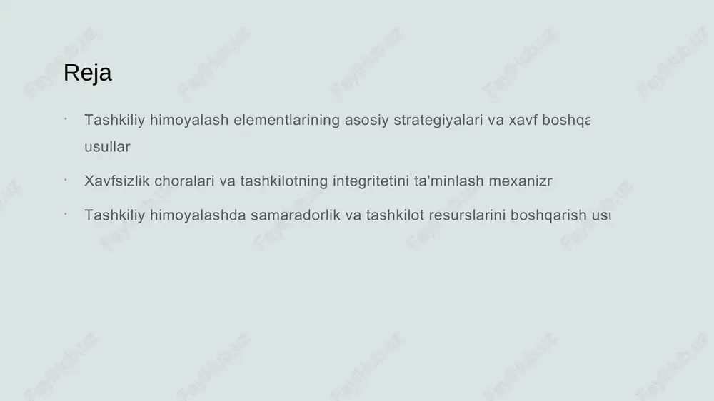 sizlik choralari uning ma'lumotlari va resurslarini himoya qilish uchun muhimdir. bu choralarga kirish nazorati, shifrlash va monitoring kiradi. 02 tashkilot xavfsizlik tizimlari xavfsizlik tizimlari texnologik va jarayonlarni o'z ichiga oladi. ular xavf-xatarlarga qarshi muhim himoya qatlamlarini tashkil etadi. 03 rivojlantirish mexanizmlari xavfsizlikni rivojlantirish uchun doimiy texnologik yangilanishlar, xavf tahlili va xodimlarni o'qitish muhim hisoblanadi. bu jarayonlar xavfsizlikni mustahkamlaydi. 04 yangi texnologiyalar raqamli texnologiyalar va sun'iy intellekt xavfsizlikni mustahkamlash uchun keng qo'llaniladi. ular xavf-xatarlarga tezkor javob berishga imkon yaratadi. resurslarni boshqarish orqali tashkilot himoyasining samaradorligini oshirish yolları 1 resurslarni taqsimlash effektiv resurs boshqaruvi tashkilotning xavfsizlik tizimlarini mustahkamlash uchun muhim. resurslar to‘g‘ri taqsimlanishi xavfni kamaytiradi va himoya choralarini kuchaytiradi. 2 boshqaruv va nazorat resurslarni samarali boshqarish uchun ilg‘or monitoring va nazorat usullari joriy etilishi zarur. bu xavf va zaifliklarni erta aniqlash va bartaraf etishda yordam beradi. 3 inson resurslari va texnologiya xavfsizlik uchun inson resurslari va zamonaviy texnologiyalar muhim. ularning integratsiyasi tashkilot …