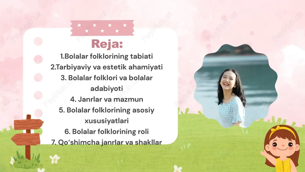 ga yotqizish uchun aytiladigan qoʻshiqlar. ertak — bolalarga axloqiy saboqlar beruvchi hikoyalar. tez aytish — tilni rivojlantirishga yordam beruvchi mashqlar. topishmoq — bolalarning aqliy qobiliyatini sinovdan oʻtkazuvchi savollar. bolalar oʻyin qoʻshiqlari — bolalar oʻyinlarida aytiladigan qoʻshiqlar. asosiy xususiyatlari og‘zaki ijod bo‘lishi : bolalar folklori ko‘pincha og‘zaki shaklda shakllanadi. bu esa uni eslab qolish, o‘rganish va avloddan-avlodga yetkazishni osonlashtiradi. o‘yin va hazil bilan bog‘liq bolalar folklorining aksariyati o‘yin, hazil va kulgi elementlariga boy. bu bolalarni qiziqtiradi, ularni ijodiy fikrlashga va ijtimoiy muhitga moslashishga o‘rgatadi. asosiy xususiyatlari takrorlanuvchi shakl : alla, qo‘shiqlar, tez aytishlar ko‘pincha takroriy tuzilishga ega. bu bolalarning eslab qolish qobiliyatini rivojlantiradi va tilga oid ko‘nikmalarini mustahkamlaydi. ma’naviy va axloqiy tarbiya : ertaklar va xalq hikoyalari orqali bolalar yaxshi va yomonni farqlashni, do‘stlik, mardlik, halollik kabi qadriyatlarni o‘rganadi. bolalar folklori tabiati tilni rivojlantiradi: tez aytishlar, topishmoqlar va qo‘shiqlar bolalarning talaffuzi, so‘z boyligi va fikrlash qobiliyatini oshiradi. ijodiy fikrlashni shakllantiradi: o‘yinlar …