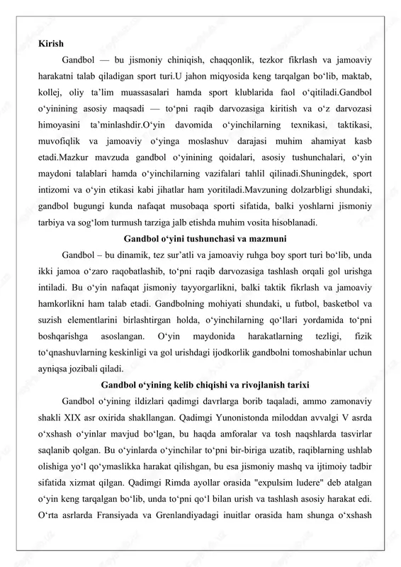foralar va tosh naqshlarda tasvirlar saqlanib qolgan. bu o‘yinlarda o‘yinchilar to‘pni bir-biriga uzatib, raqiblarning ushlab olishiga yo‘l qo‘ymaslikka harakat qilishgan, bu esa jismoniy mashq va ijtimoiy tadbir sifatida xizmat qilgan. qadimgi rimda ayollar orasida "expulsim ludere" deb atalgan o‘yin keng tarqalgan bo‘lib, unda to‘pni qo‘l bilan urish va tashlash asosiy harakat edi. o‘rta asrlarda fransiyada va grenlandiyadagi inuitlar orasida ham shunga o‘xshash o‘yinlar o‘ynalgan, ammo ular rasmiy qoidalarga ega emas edi.xix asrda yevropada, xususan shimoliy yevropada, gandbolga o‘xshash o‘yinlarning shakllanishi tezlashdi. daniyada "håndbold", chexiyada "házená", ukrainada "handbol" va germaniyada "torball" kabi o‘yinlar paydo bo‘ldi. bu o‘yinlar futbol va boshqa to‘p o‘yinlaridan ilhomlangan holda rivojlandi. zamonaviy gandbolning asosiy qoidalari 1906-yilda daniya maktab o‘qituvchisi va olimpiya chempioni xolger nilsen tomonidan tuzilgan bo‘lib, u kopenhagen shimolidagi ordrup grammatika maktabida birinchi yozma qoidalarni e’lon qildi. bu qoidalar o‘yinni tizimli qilishga qaratilgan edi va daniyalik yoshlar orasida mashhur bo‘ldi.gandbolning "tug‘ilgan kuni" sifatida 1917-yil 29-oktyabr berlinda …