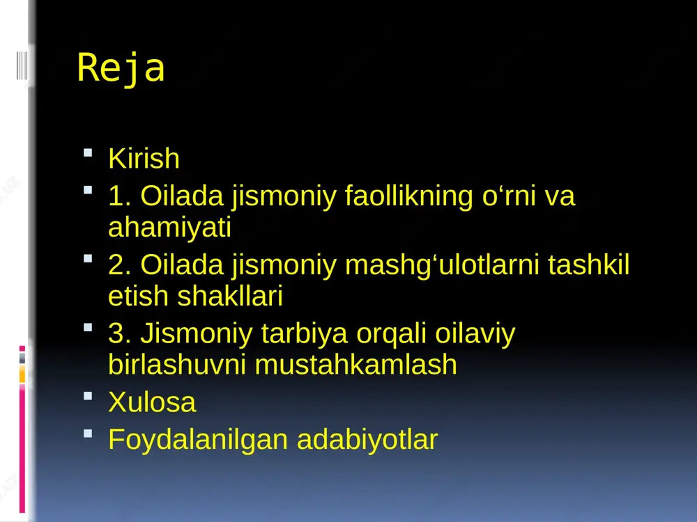 ytiradi, bu esa yurak kasalliklari xavfini kamaytiradi. masalan, haftada uch marta oila birgalikda 30 daqiqa piyoda yurish yoki engil yugurish bilan shug‘ullansa, bu yurak mushaklarining chidamliligini oshiradi va qon aylanishini yaxshilaydi ota-onaning namunasi va bolalarga ta’siri ota-onaning jismoniy faollikdagi namunasi bolalarga chuqur ta’sir ko‘rsatadi, chunki bolalar ota-onalarini hayotiy qadriyatlar va odatlarni o‘rgatuvchi manba sifatida qabul qiladi. ota-onalar muntazam mashqlar bilan shug‘ullanganda, bolalar bu xatti-harakatlarni tabiiy ravishda nusxa oladi va o‘z hayotida qo‘llaydi. masalan, ota-onalar oila bilan birgalikda sport zaliga borsalar yoki uyda fitness mashqlarini bajarsalar, bolalar bu faoliyatni qiziqarli va zarur deb biladi. tadqiqotlar shuni ko‘rsatadiki, ota-onalar faol bo‘lgan oilalarda bolalarning jismoniy faolligi sezilarli darajada yuqori bo‘ladi. oila muhitida muntazam mashq qilishning psixologik foydalari oila muhitida muntazam mashq qilish psixologik foydalarga boy bo‘lib, oila a’zolarining ruhiy salomatligini sezilarli darajada yaxshilaydi. jismoniy faollik endorfin gormonlarini ajratib chiqaradi, bu esa stress va tashvishlarni kamaytiradi va kayfiyatni yaxshilaydi. oilada bu mashqlar birgalikda amalga …