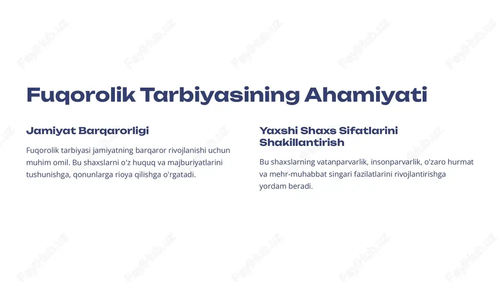 kitoblar vatanparvarlik, insonparvarlik, o'zaro hurmat va mehribonlikni targ'ib qiladigan kitoblar bolalarning ahloqiy qarashlarini shakllantirishda muhim rol o'ynaydi. kino va teatr kino va teatr asarlari orqali bolalarda vatanparvarlik, insonparvarlik, qahramonlik va o'zaro hurmat tuyg'ularini tarbiyalash mumkin. https://gamma.app/?utm_source=made-with-gamma pulat shtamp fuqorolik tarbiyasining samaradorligi 1 mustahkam jamiyat fuqorolik tarbiyasi jamiyatda barqarorlik, tinchlik va hamjihatlikni ta'minlashga yordam beradi. 2 yaxshi fuqarolar yaxshi tarbiyalangan fuqarolar jamiyatning rivojlanishiga ijobiy hissa qo'shadi. 3 o'zaro hamkorlik fuqarolik tarbiyasi shaxslar o'rtasida o'zaro hamkorlik va birdamlikni mustahkamlaydi. https://gamma.app/?utm_source=made-with-gamma pulat shtamp fuqorolik tarbiyasini kuzatish 1 baholash fuqarolik tarbiyasi samaradorligini baholash uchun turli xil usullar va mezonlar qo'llanilishi mumkin. 2 o'quvchilarning munosabati o'quvchilarning jamiyatga, qonunlarga, vatanparvarlik va o'zaro hurmatga bo'lgan munosabatlarini kuzatish orqali samaradorlikni baholash mumkin. 3 xulq-atvor o'quvchilarning jamiyatda o'zini tutishini kuzatib, o'zaro munosabatlarini tahlil qilish orqali samaradorlikni baholash mumkin. https://gamma.app/?utm_source=made-with-gamma pulat shtamp fuqorolik tarbiyasi: xulosa 1 jamiyat taraqqiyoti fuqorolik tarbiyasi jamiyatning taraqqiyoti va barqarorligi uchun muhim ahamiyatga ega. 2 shaxsning …