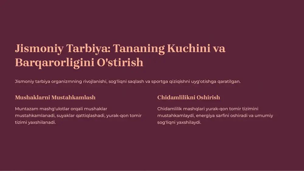 ash uchun. raqs balet, xalq raqslari, zamonaviy raqslar tananing harakatini rivojlantiradi. https://gamma.app/?utm_source=made-with-gamma pulat shtamp estetik tarbiya: san'atning turli xil turlari estetik tarbiya turli xil san'at turlari orqali amalga oshiriladi. rasmlar ranglar, chiziqlar va shakllar orqali go'zallikni ifoda etish. musiqa ovozlar, ohanglar va ritmlar orqali his-tuyg'ularni ifoda etish. teatr rollarda o'ynash orqali turli xil xarakterlarni ifoda etish. raqs tananing harakatlari orqali his- tuyg'ularni ifoda etish. https://gamma.app/?utm_source=made-with-gamma pulat shtamp jismoniy tarbiya: sog'liqni saqlash uchun muhim jismoniy tarbiya sog'lom turmush tarzini shakllantirishda muhim rol o'ynaydi. 1stressni kamaytirish jismoniy mashg'ulotlar stressni kamaytirish va kayfiyatni yaxshilashga yordam beradi. 2 immunitetni mustahkamlash muntazam mashg'ulotlar immunitet tizimini mustahkamlaydi, kasalliklarga qarshilikni oshiradi. 3uzoq umr jismoniy tarbiya yurak-qon tomir tizimini yaxshilaydi va umrni uzaytiradi. https://gamma.app/?utm_source=made-with-gamma pulat shtamp estetik tarbiya: ijodiy qobiliyatlarni rivojlantirish estetik tarbiya insonning ijodiy qobiliyatlarini rivojlantirishga yordam beradi. 1 qarashni o'zgartirish san'at asarlari orqali dunyoni boshqacha qarashni o'rganish. 2 his-tuyg'ularni ifoda etish san'at orqali his-tuyg'ularni ifoda etish …